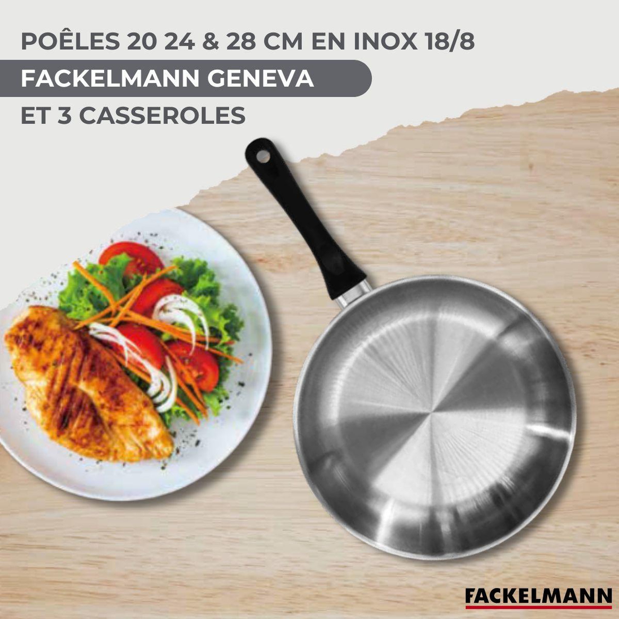 Voir la diapositive 2 : Fackelmann Batterie de cuisine avec 3 casseroles 12/16/20 cm et 3 poêles 20/24/28 cm avec 5 ustensiles de cuisine fackelmann généva vario