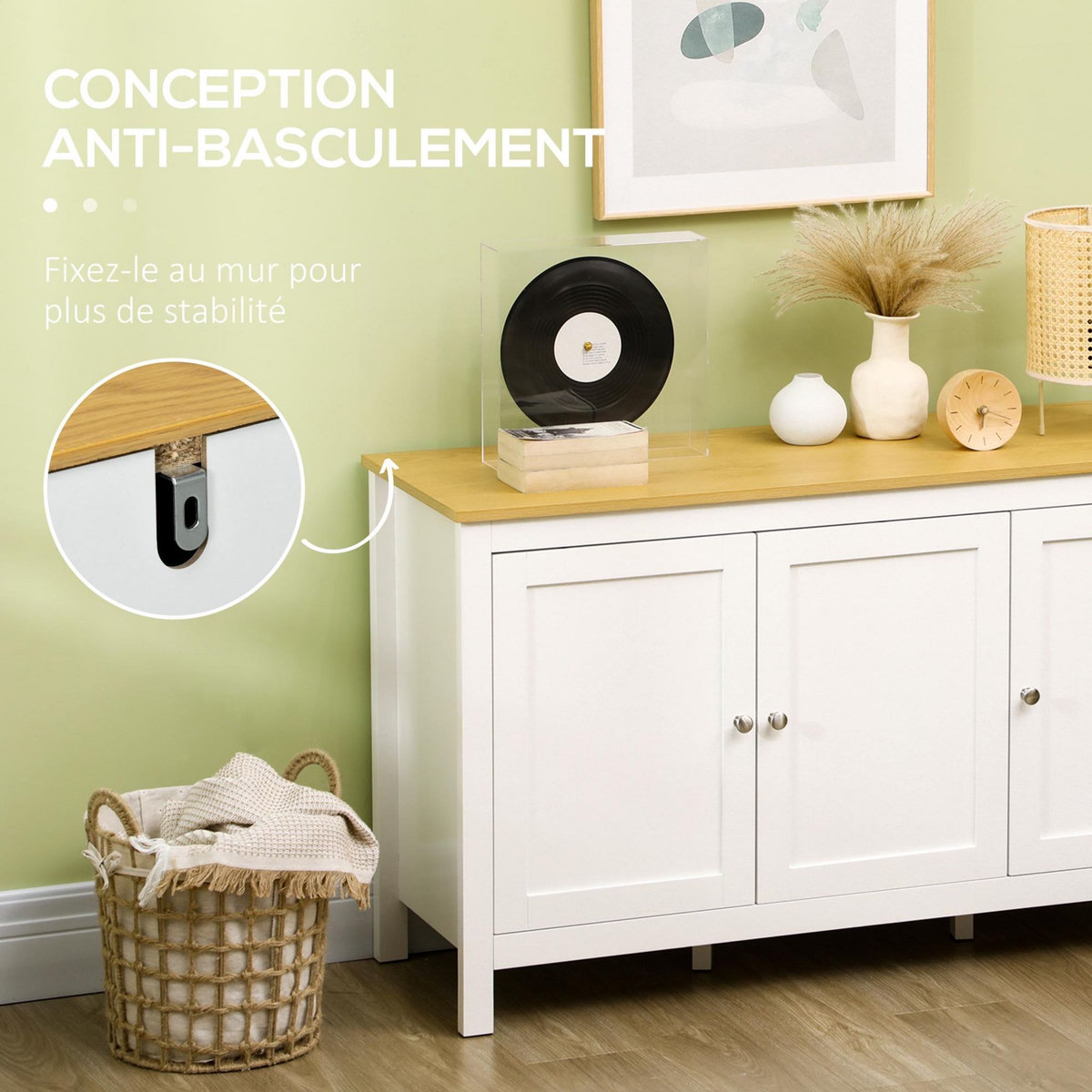 HOMCOM Buffet bas style classique chic - 3 portes, 2 étagères réglables - MDF panneaux blanc aspect bois clair