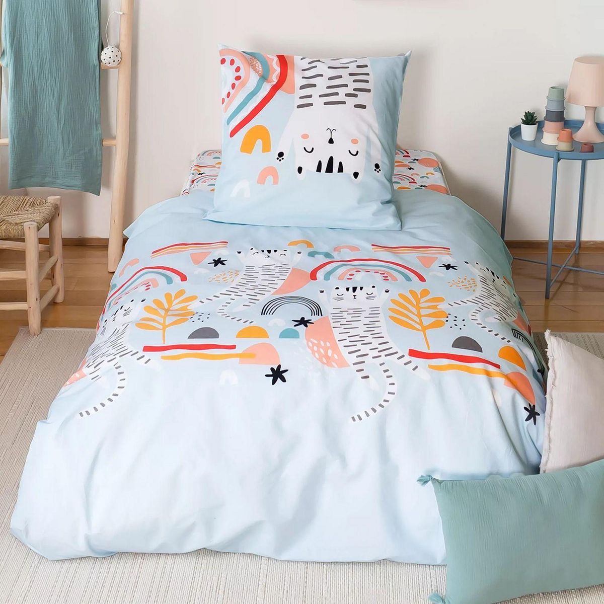 COTE DECO Parure de lit enfant Chat - Coton 57 fils/cm² - 140 x 200 cm