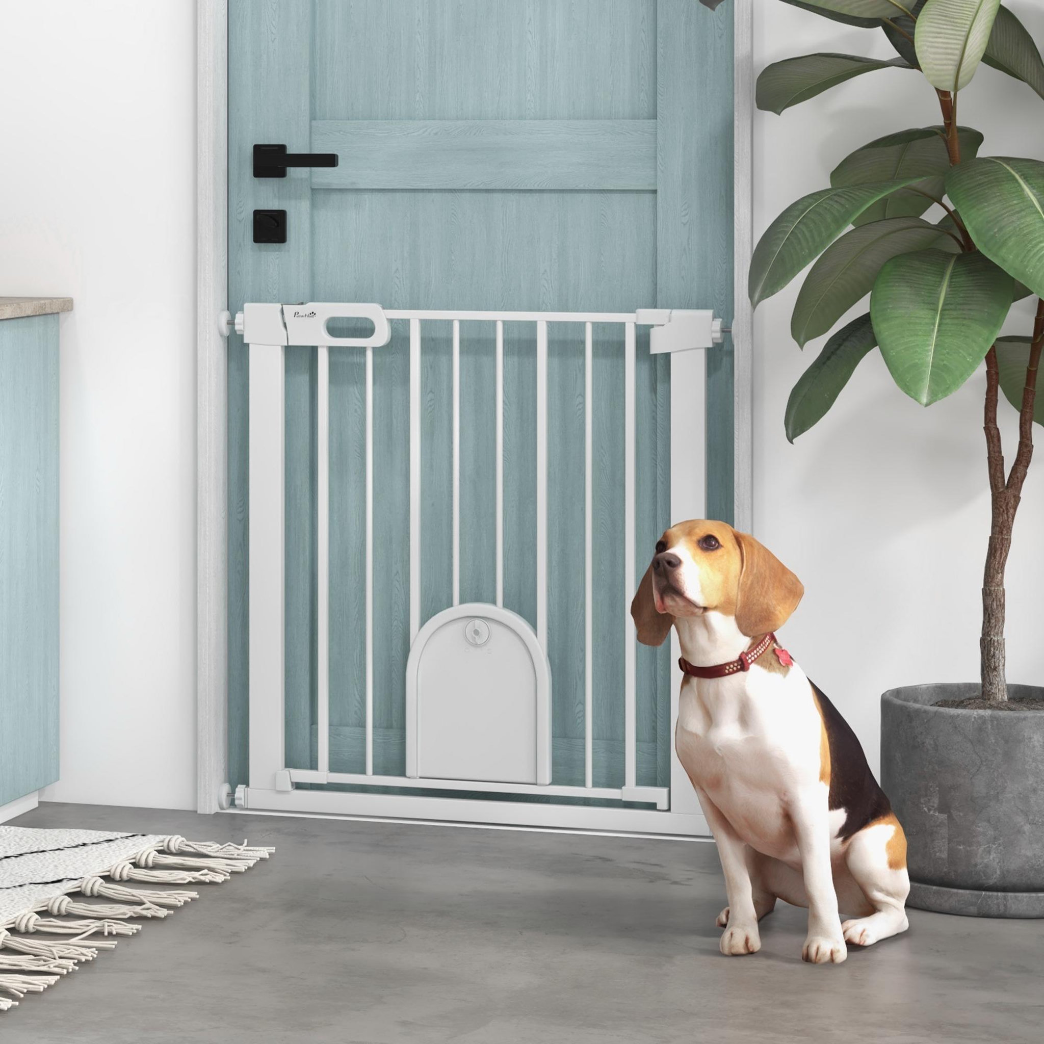 Voir la diapositive 6 : PAWHUT Barrière de sécurité chien l.75-82 x h.76 cm porte verrouillable fixation pression blanc
