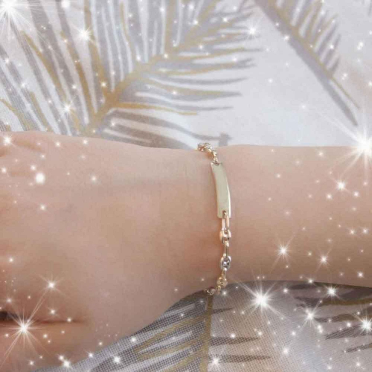 L'ATELIER D'AZUR Bracelet Enfant Or Bicolore - Jaune et Blanc - Gourmette - Maille Grain de Café - Gravure Offerte