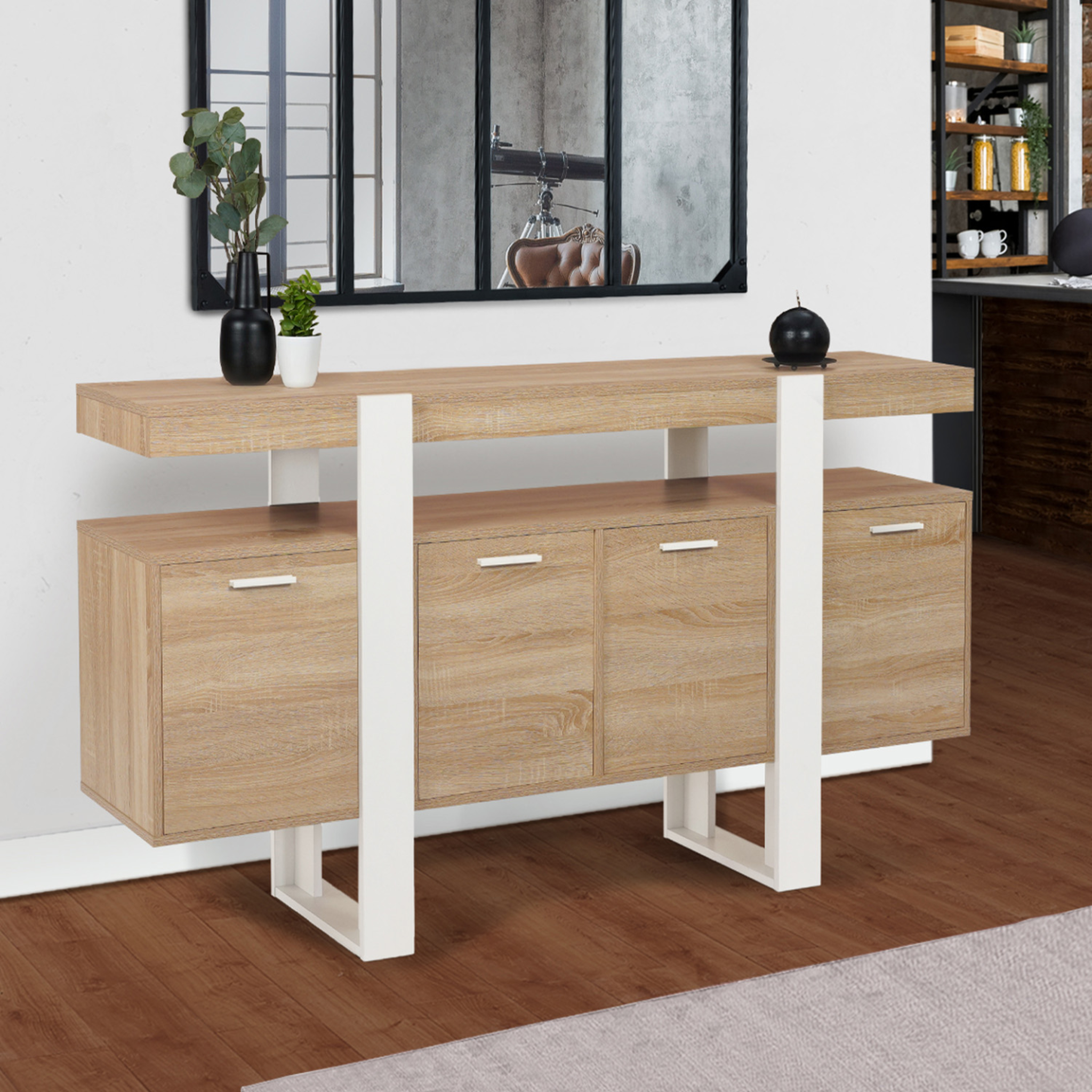Voir la diapositive 2 : ID MARKET Buffet 160 cm phoenix xxl 4 portes bois et blanc