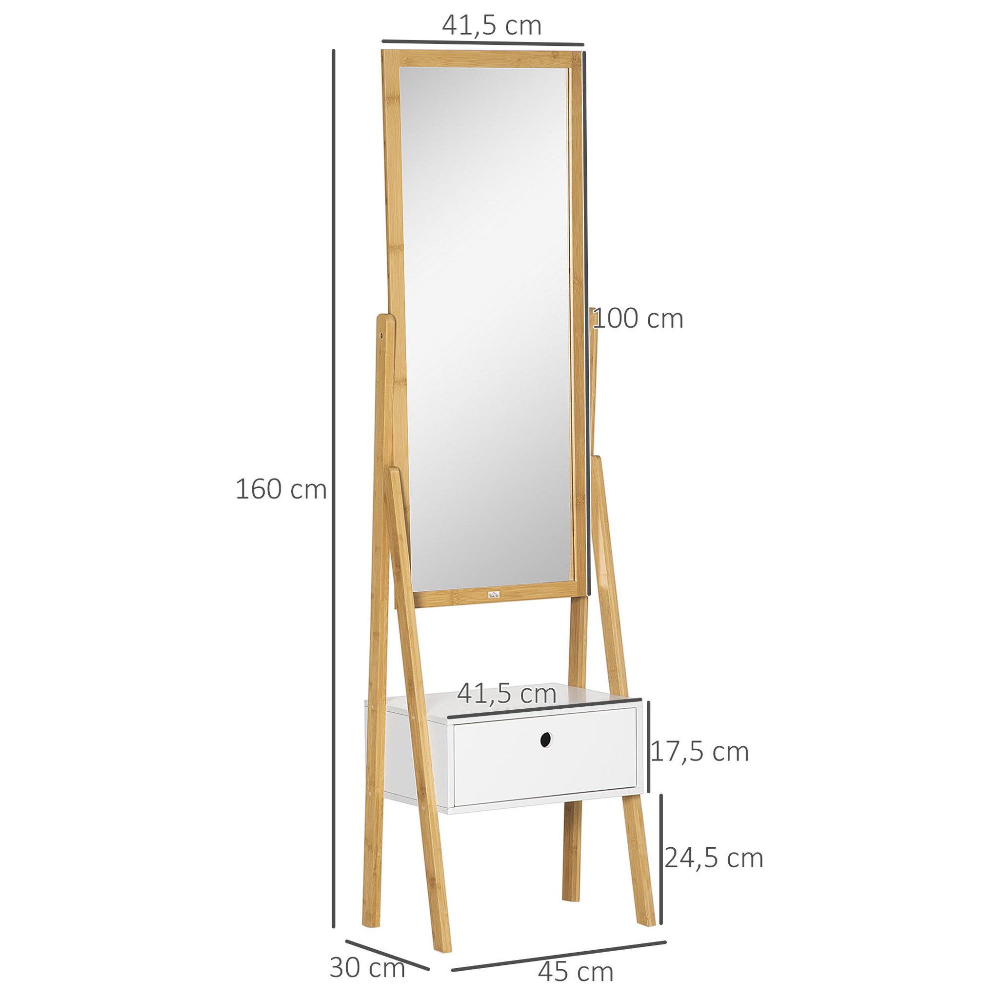 Voir la diapositive 3 : HOMCOM Miroir sur pied avec rangement tiroir en bambou et MDF - dim. 45L x 30l x 160H cm - blanc et naturel
