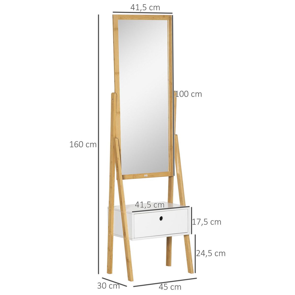 HOMCOM Miroir sur pied avec rangement tiroir en bambou et MDF - dim. 45L x 30l x 160H cm - blanc et naturel