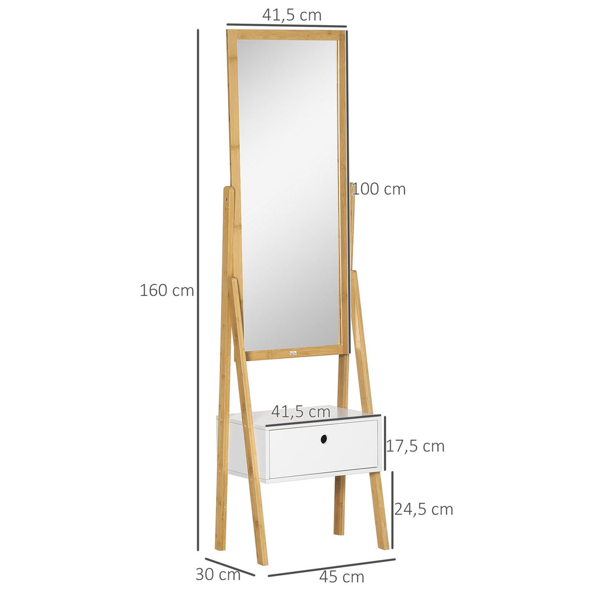 HOMCOM Miroir sur pied avec rangement tiroir en bambou et MDF - dim. 45L x 30l x 160H cm - blanc et naturel