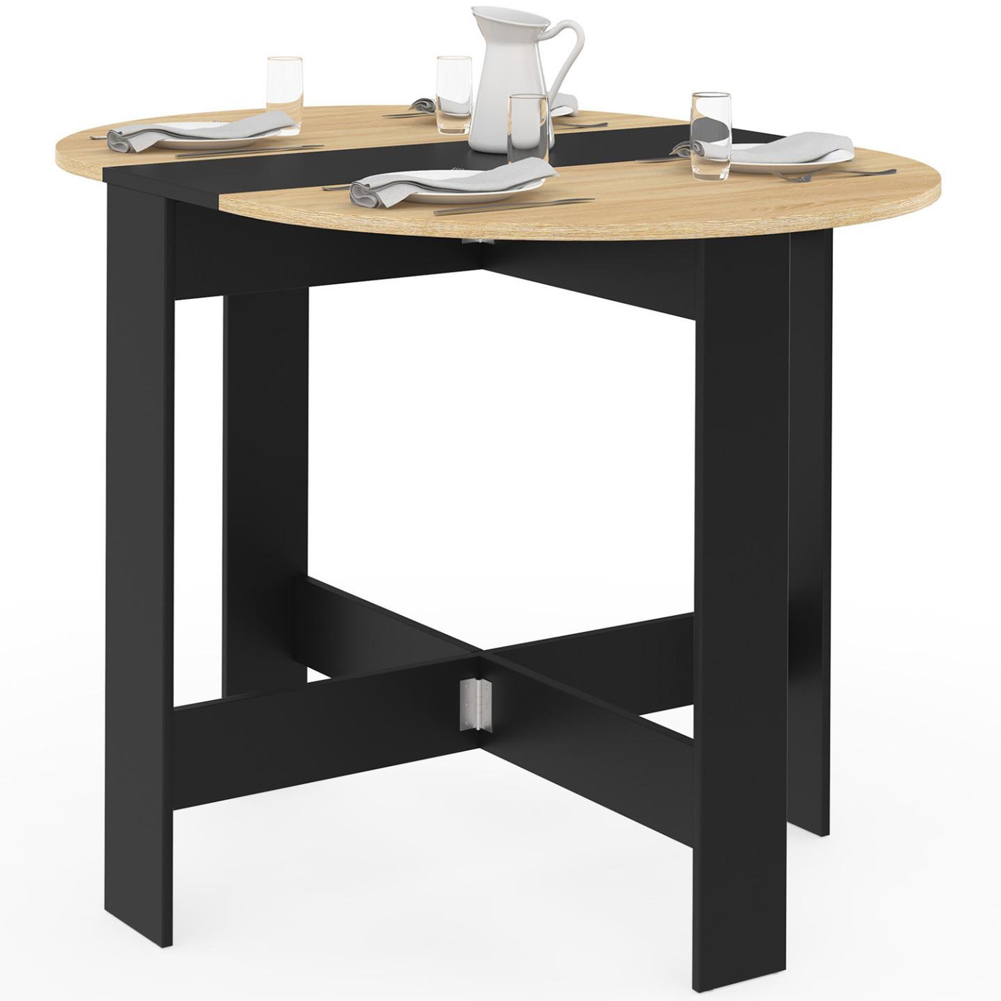 ID MARKET Table console pliable ronde edi 2-4 personnes bois noir plateau façon hêtre 103 x 76 cm