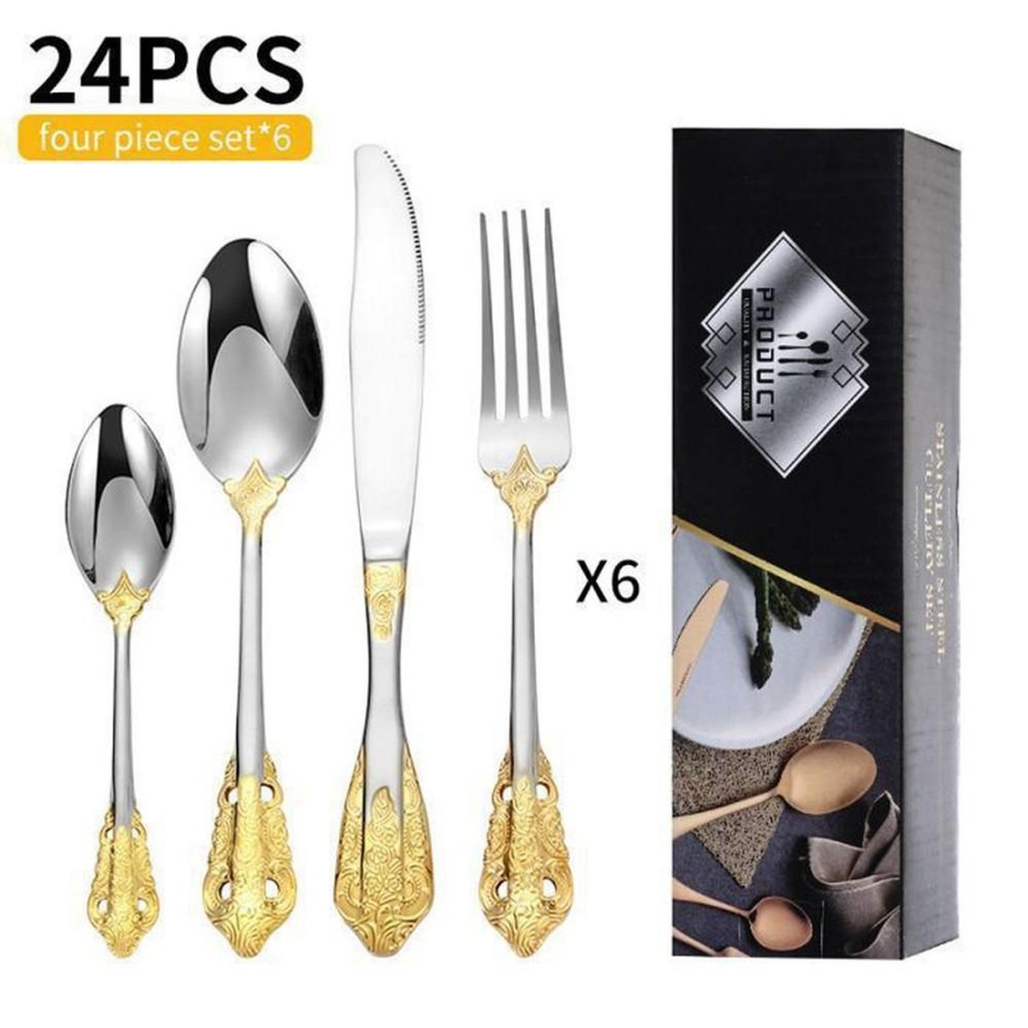 Coffret de couverts vintage impérial 24 pièces en acier inox, finitions dorées et reliefs gravés