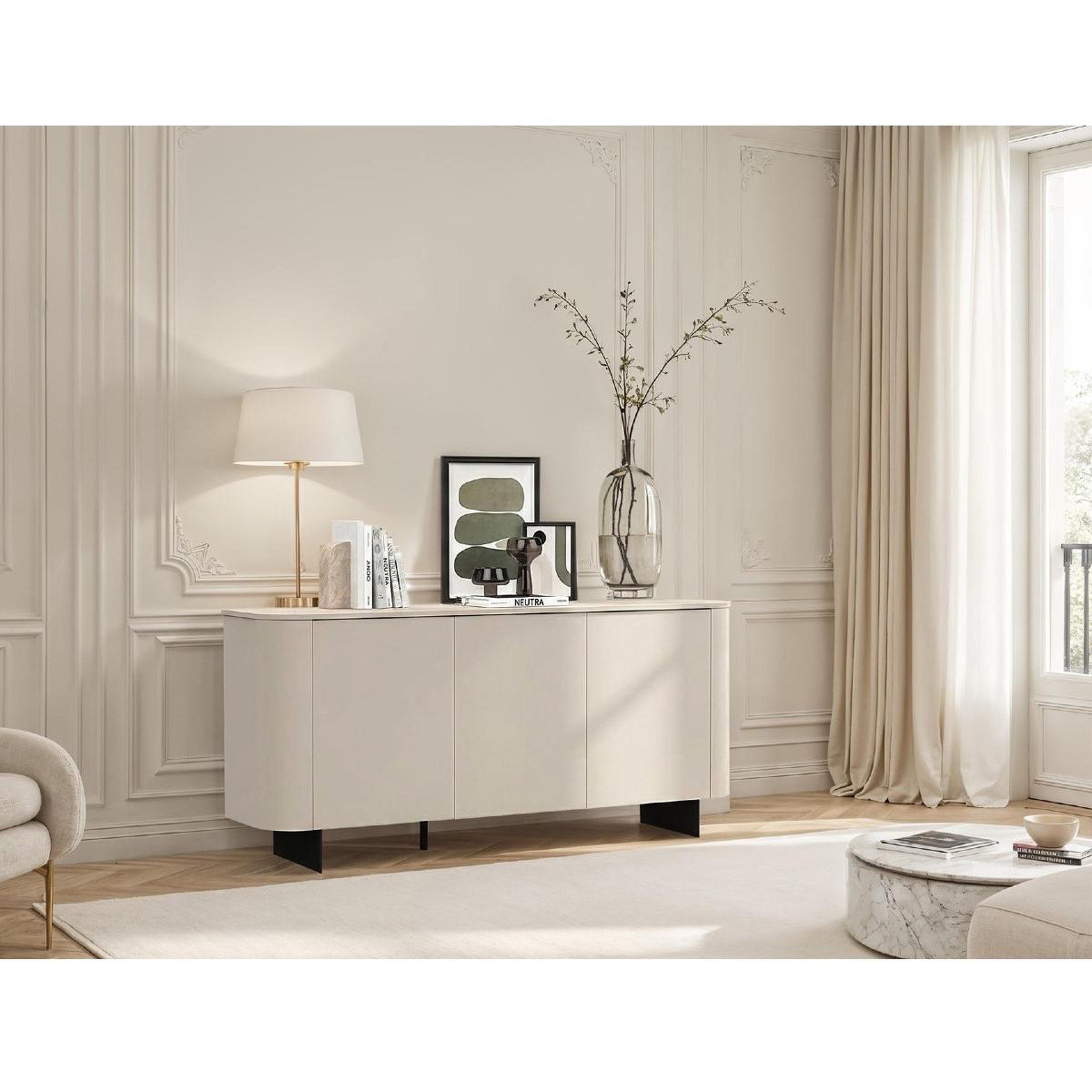 Voir la diapositive 3 : JLC KREATION Buffet bas arrondi 3 portes beige cachemire 180cm isabela