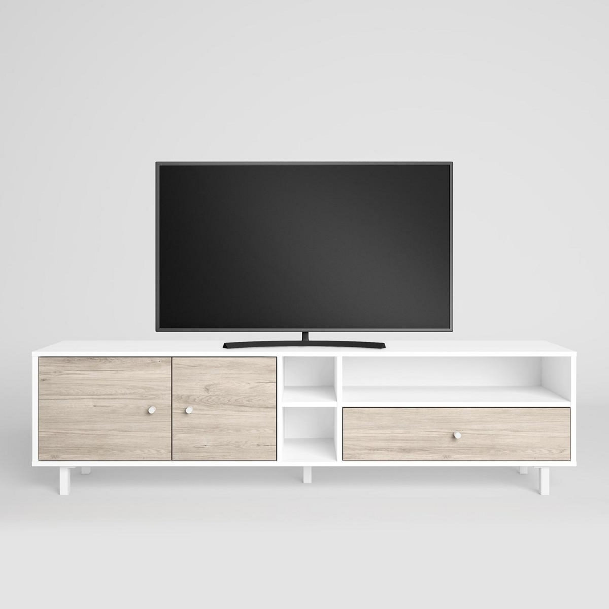 HOMIFAB Meuble TV 2 portes 1 tiroir effet bois et blanc 180 cm - Megan