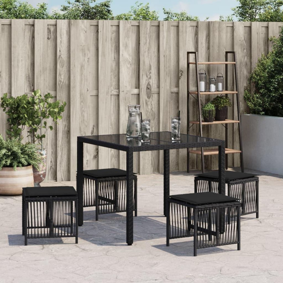 VIDAXL Tabourets de jardin et coussins lot de 4 noir 41x41x36 cm rotin