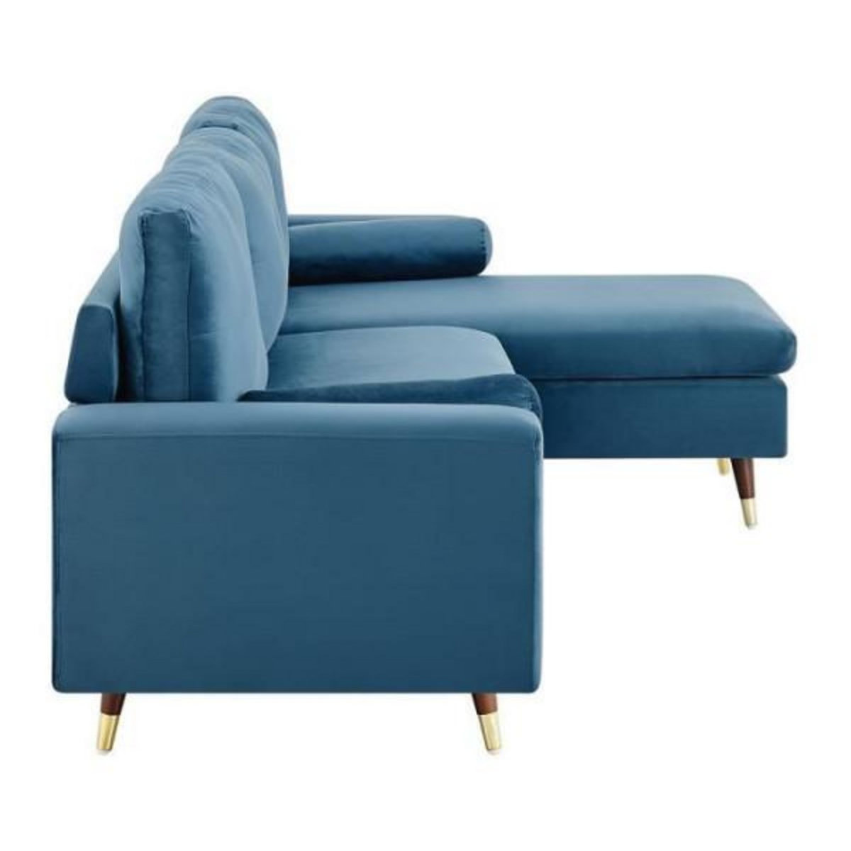 MARKET24 Canapé d'angle fixe réversible - 3 places - Tissu bleu - Pieds bois et doré - L 194 x P 139 x H 83 - NEW YORK