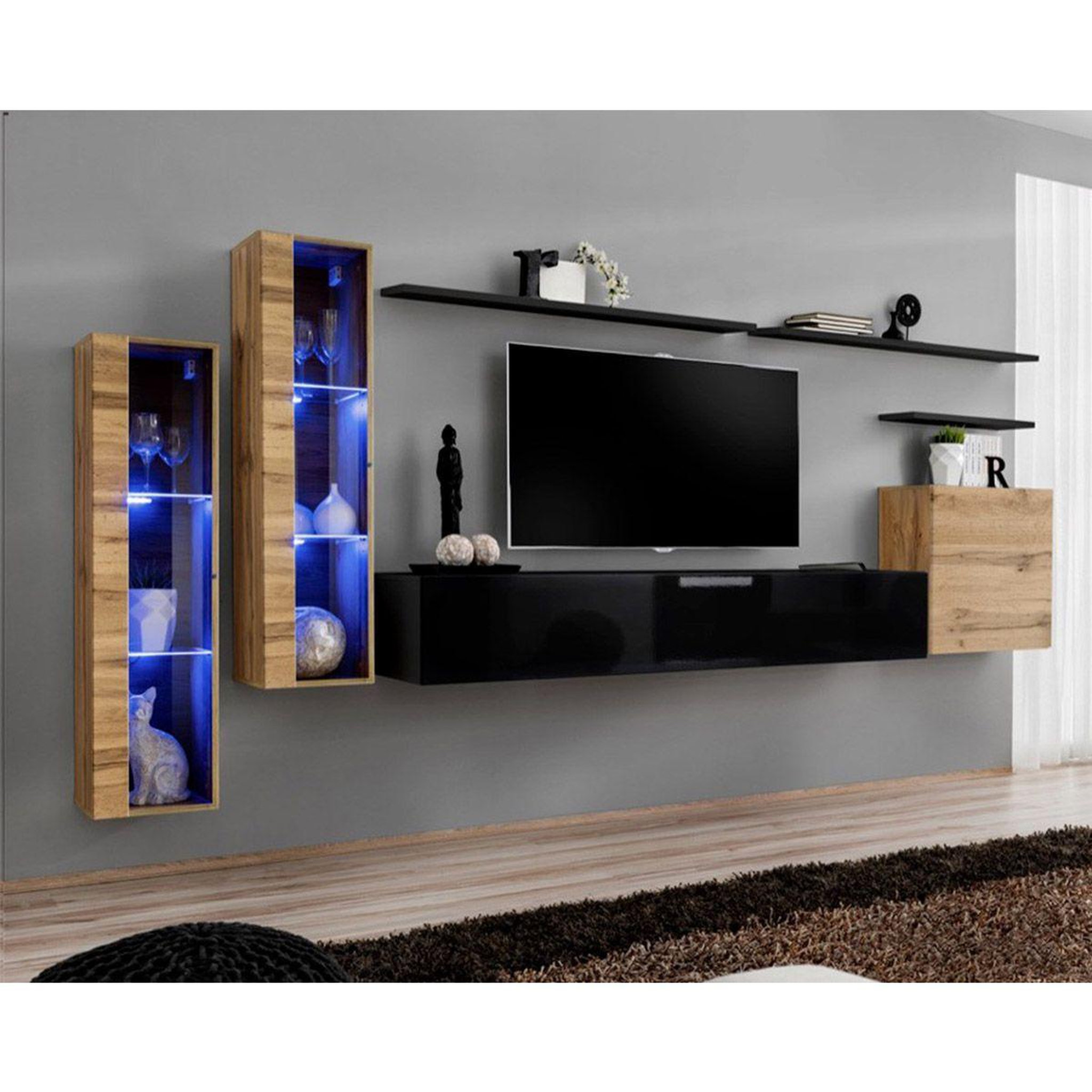 Paris Prix Meuble tv mural design  switch xi  330cm naturel & noir