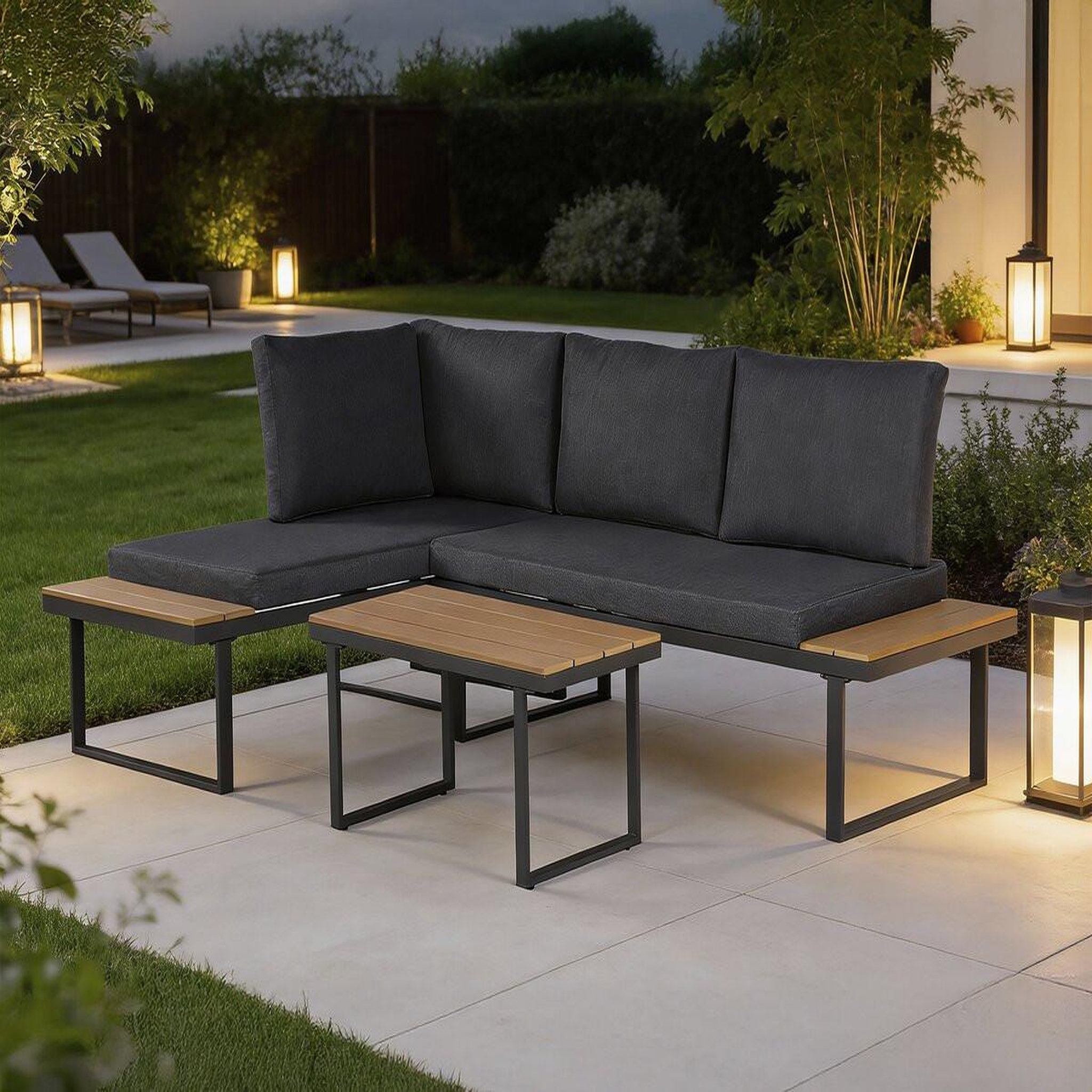 Voir la diapositive 2 : Habitat et Jardin Salon de jardin canapé d'angle décor imitation bois  liora  - 4 places - gris