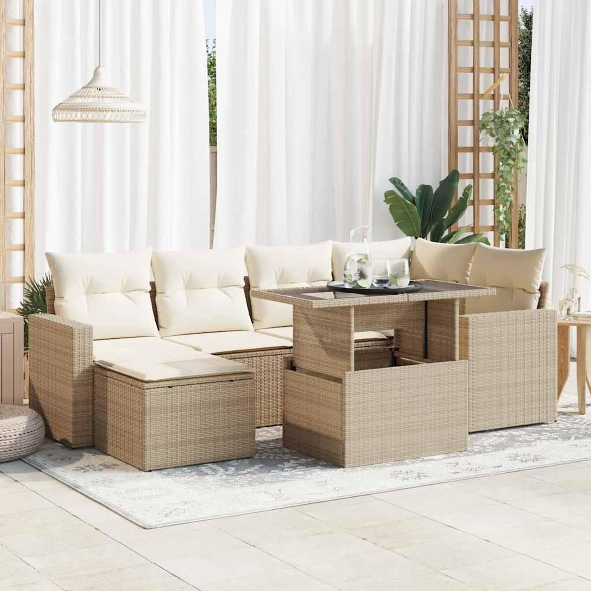 VIDAXL Salon de jardin avec coussins 7 pcs beige resine tressee