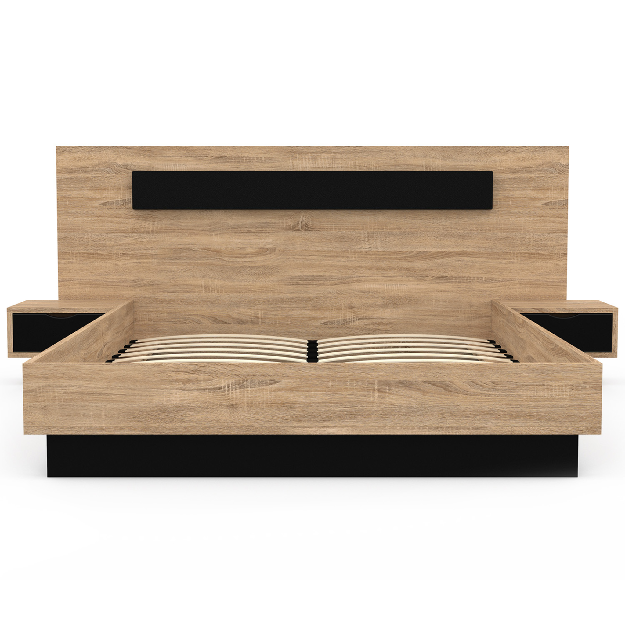 Voir la diapositive 3 : ID MARKET Lit double santa avec tête de lit + tables de chevet intégrées et sommier 140 x 190 cm bois et noir