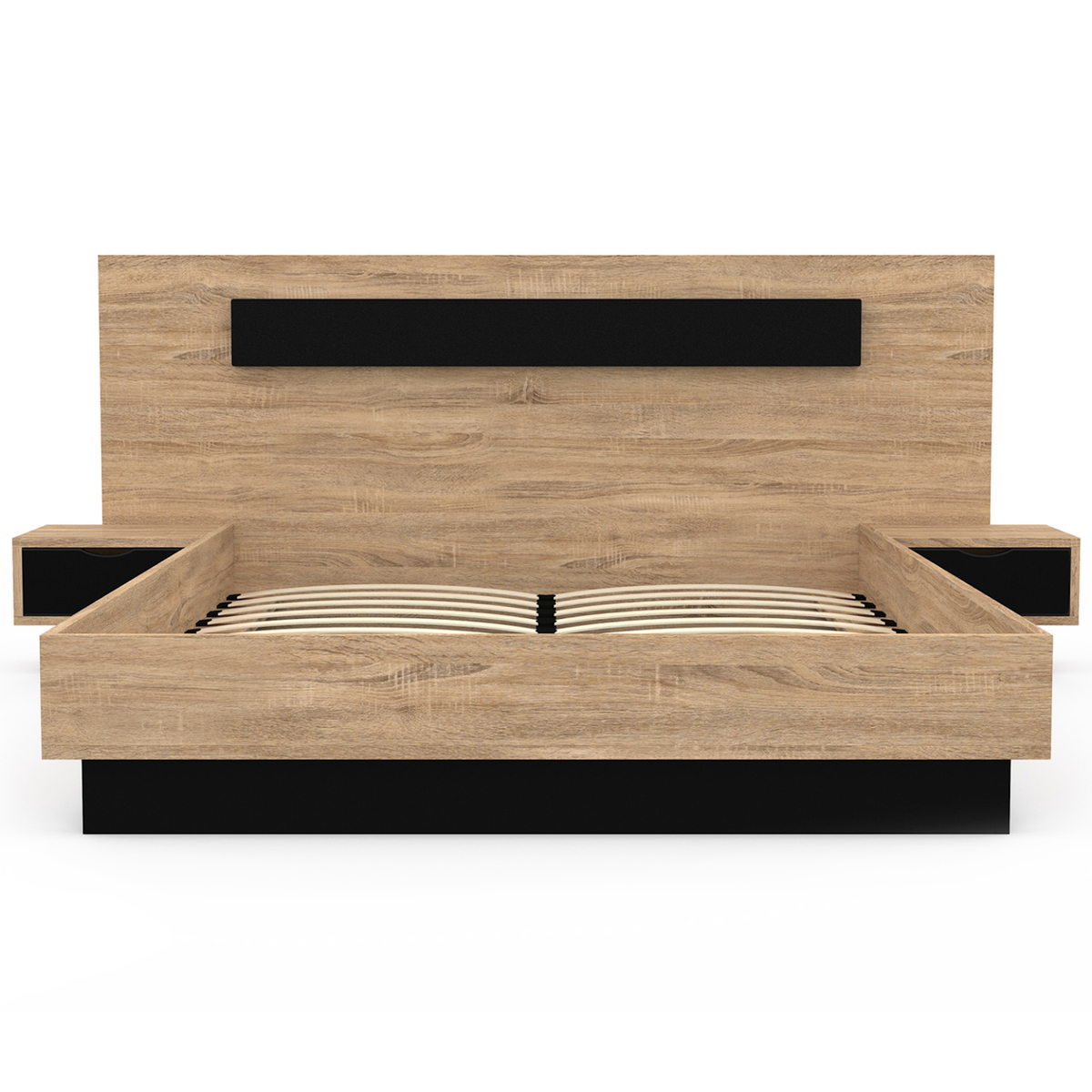 ID MARKET Lit double SANTA avec tête de lit + tables de chevet intégrées et sommier 140 x 190 cm bois et noir