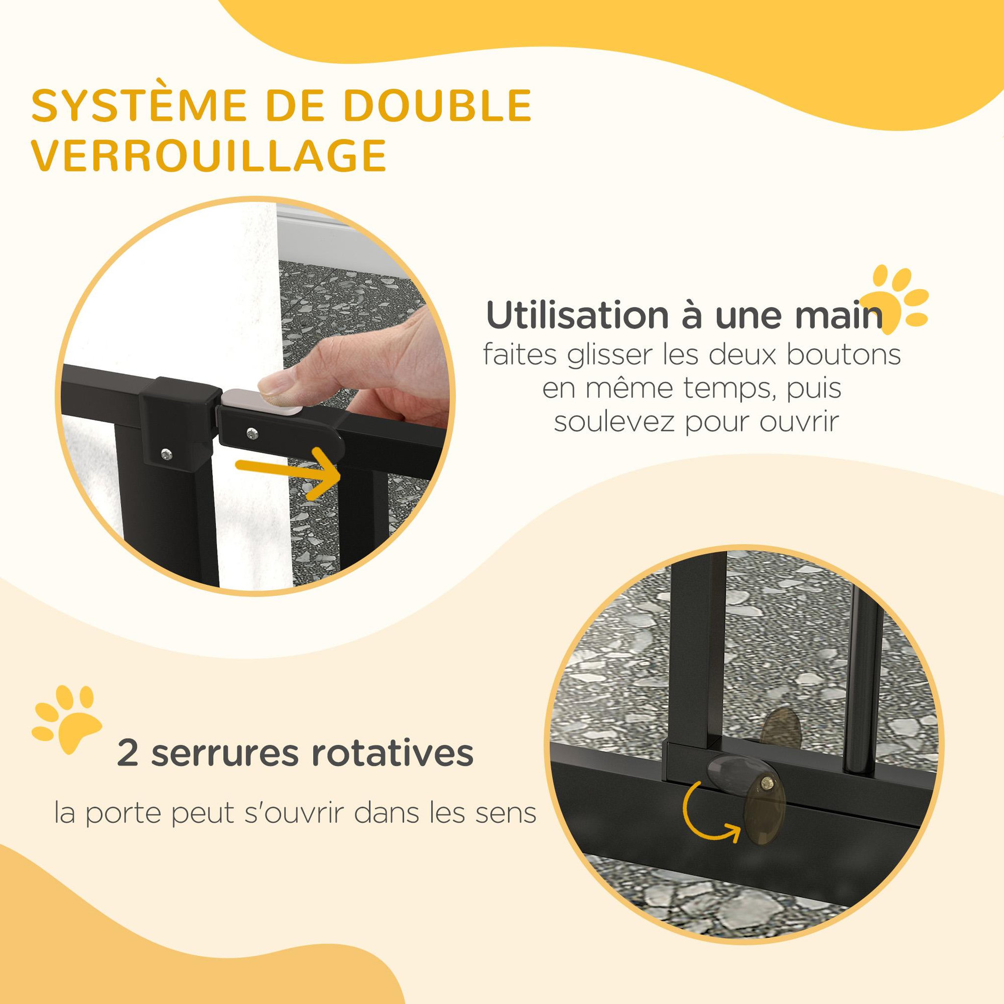 Voir la diapositive 5 : PAWHUT Barrière de sécurité animaux - longueur réglable dim. 75-145 cm - porte double verrouillage, ouverture double sens -sans perçage - acier abs noir