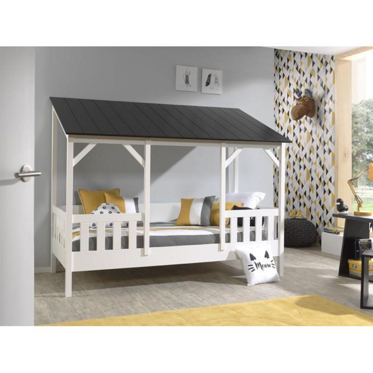 Paris Prix Pack - Lit Cabane Enfant & Sommier  Housebed III  90x200cm Blanc & Noir