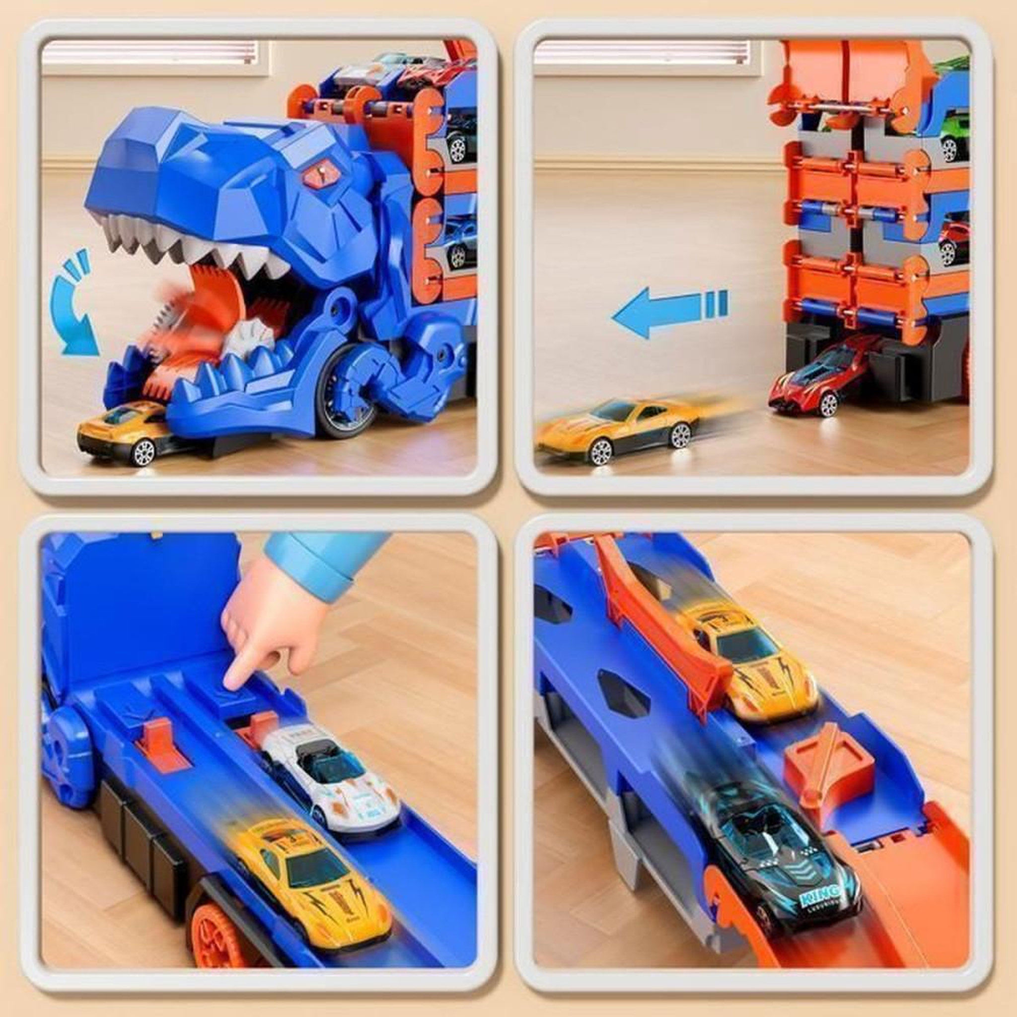 Voir la diapositive 3 : Camion dinosaure piste et catapulte avec 3 niveaux de transport et 12 mini voitures en ABS