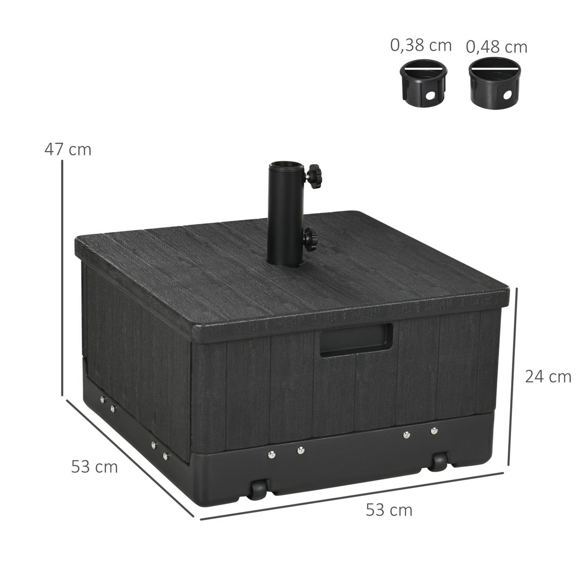 OUTSUNNY Pied de parasol table basse jardinière 3 en 1 - 2 roulettes, poignées - PE aspect bois métal noir