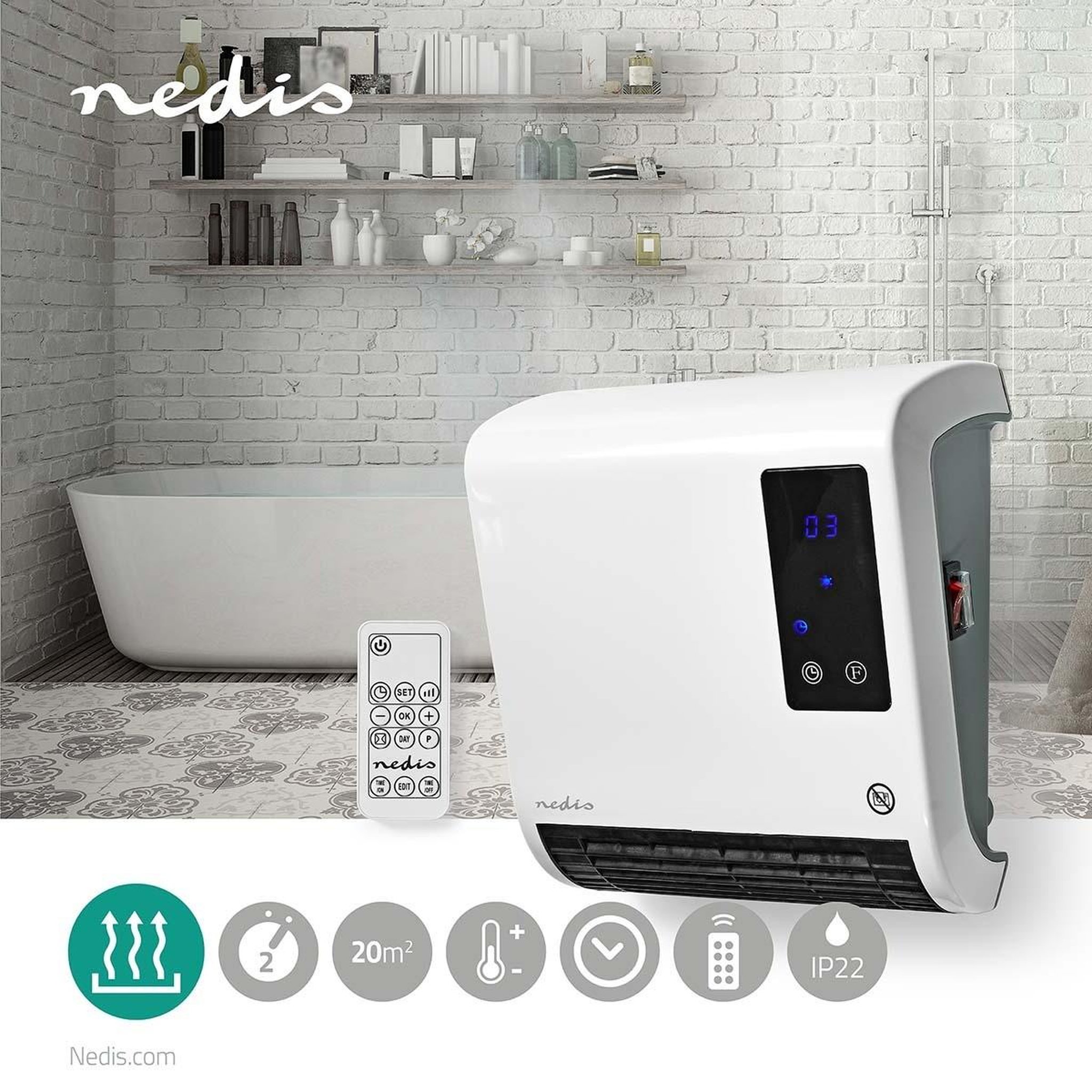 Voir la diapositive 4 : NEDIS Chauffage soufflant éléctrique 2000W avec Télécommande Programmable Salle de bain Chauffe jusqu'à 20 m2 NEDIS
