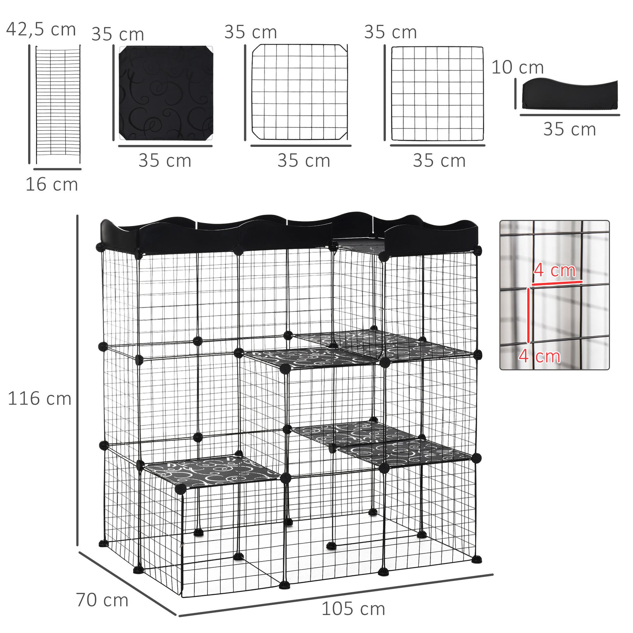 Voir la diapositive 3 : PAWHUT Cage parc enclos chat modulable dim. L105 x l70 x h105 cm 3 niveaux 2 portes rampe plateformes pe motif graphique fil métallique noir