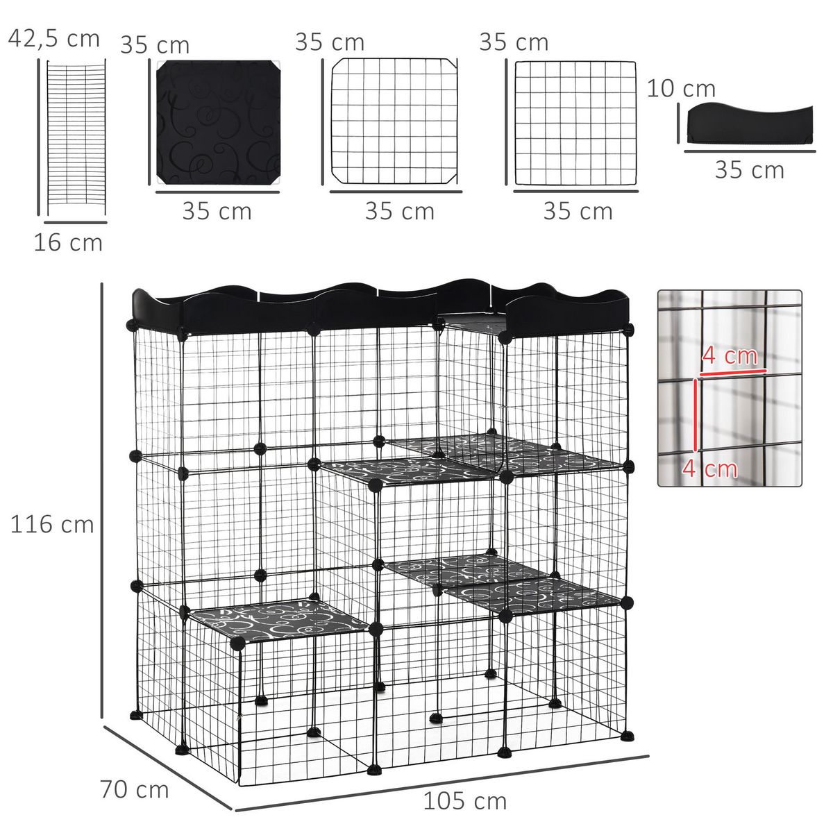 PAWHUT Cage parc enclos chat modulable dim. L105 x l70 x H105 cm 3 niveaux 2 portes rampe plateformes PE motif graphique fil métallique noir