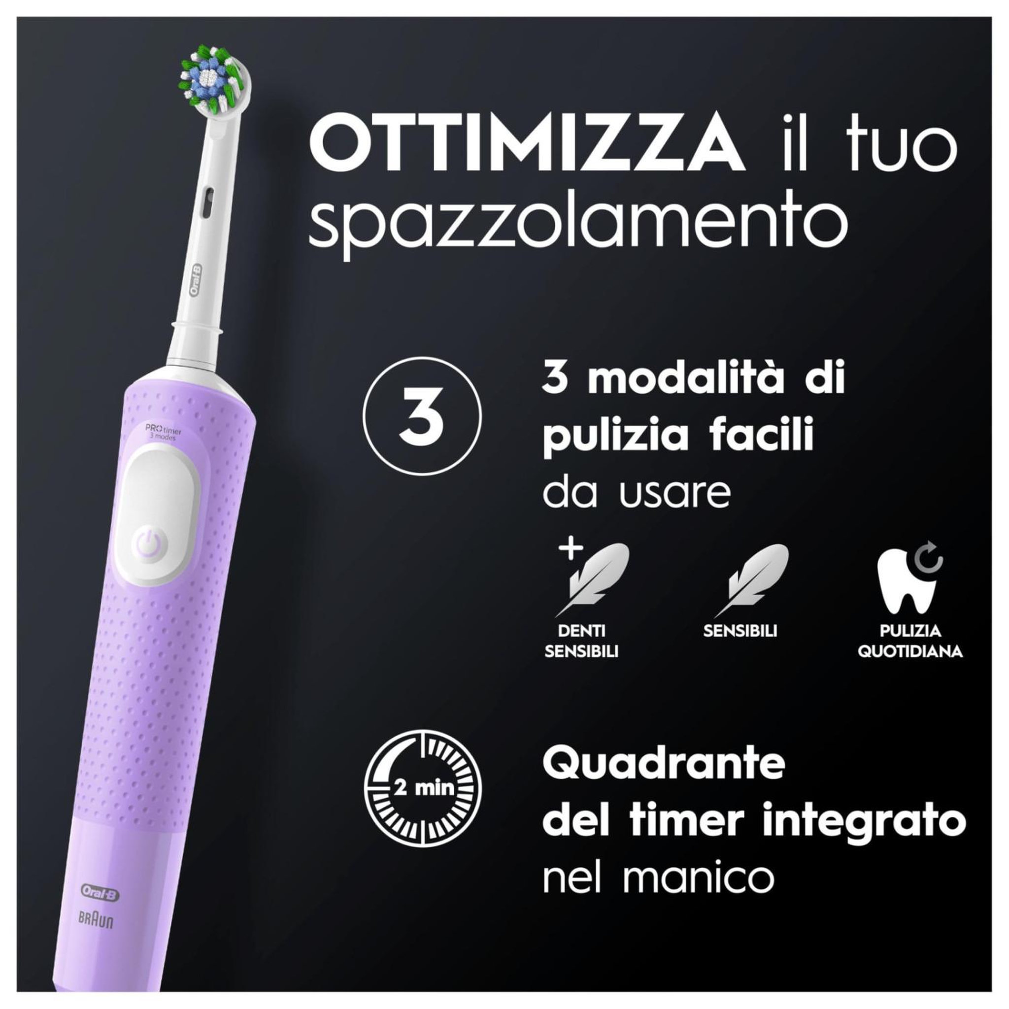 Voir la diapositive 3 : ORAL B Oral-b vitality pro brosse à dents électrique rechargeable, 3 modes, capteur de pression, minuteur 2 min, autonomie 8 jours, violet