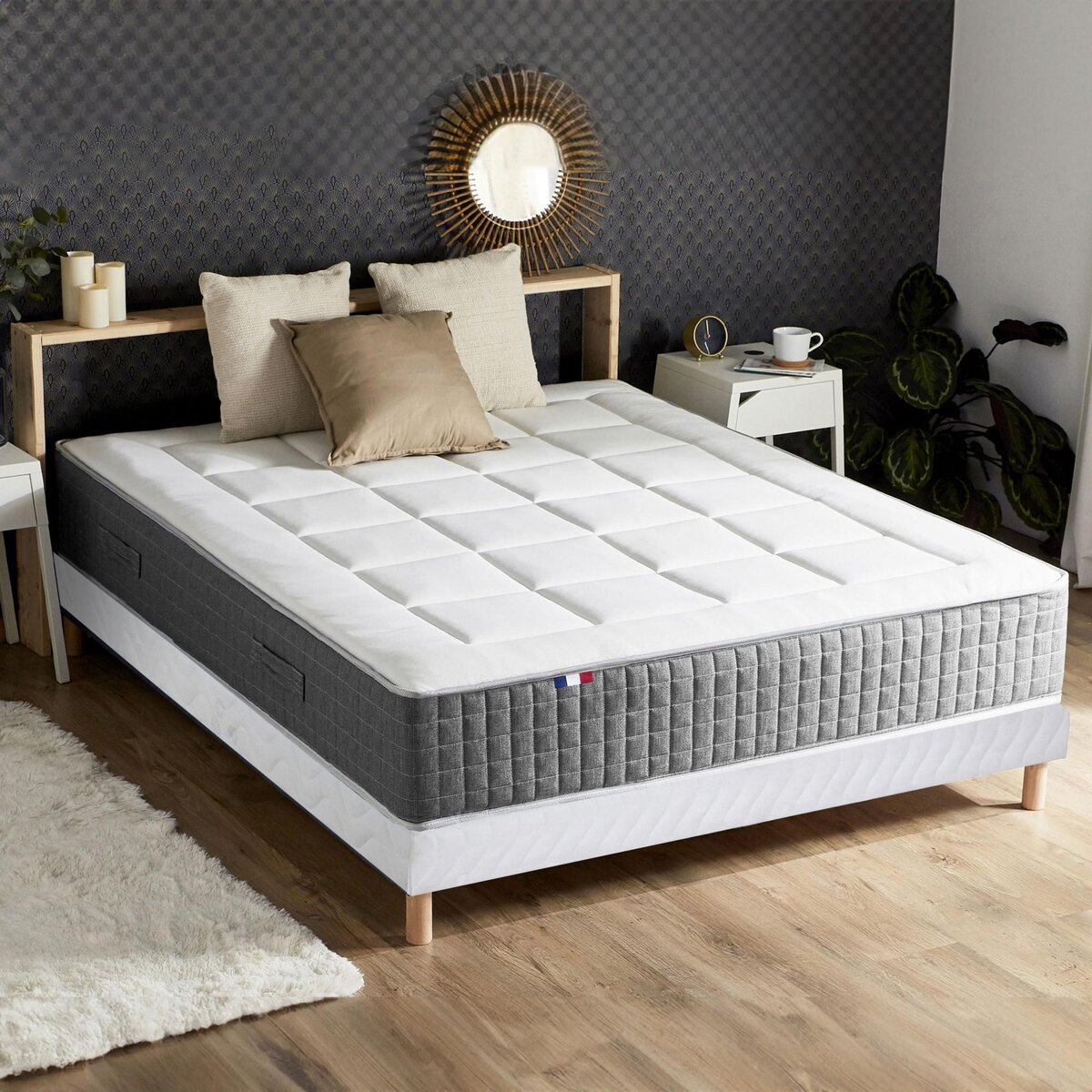 IDLITERIE Ensemble Matelas Ressort 7 zones H.28cm + Sommier + couette + oreillers Fabriqué en France MAX