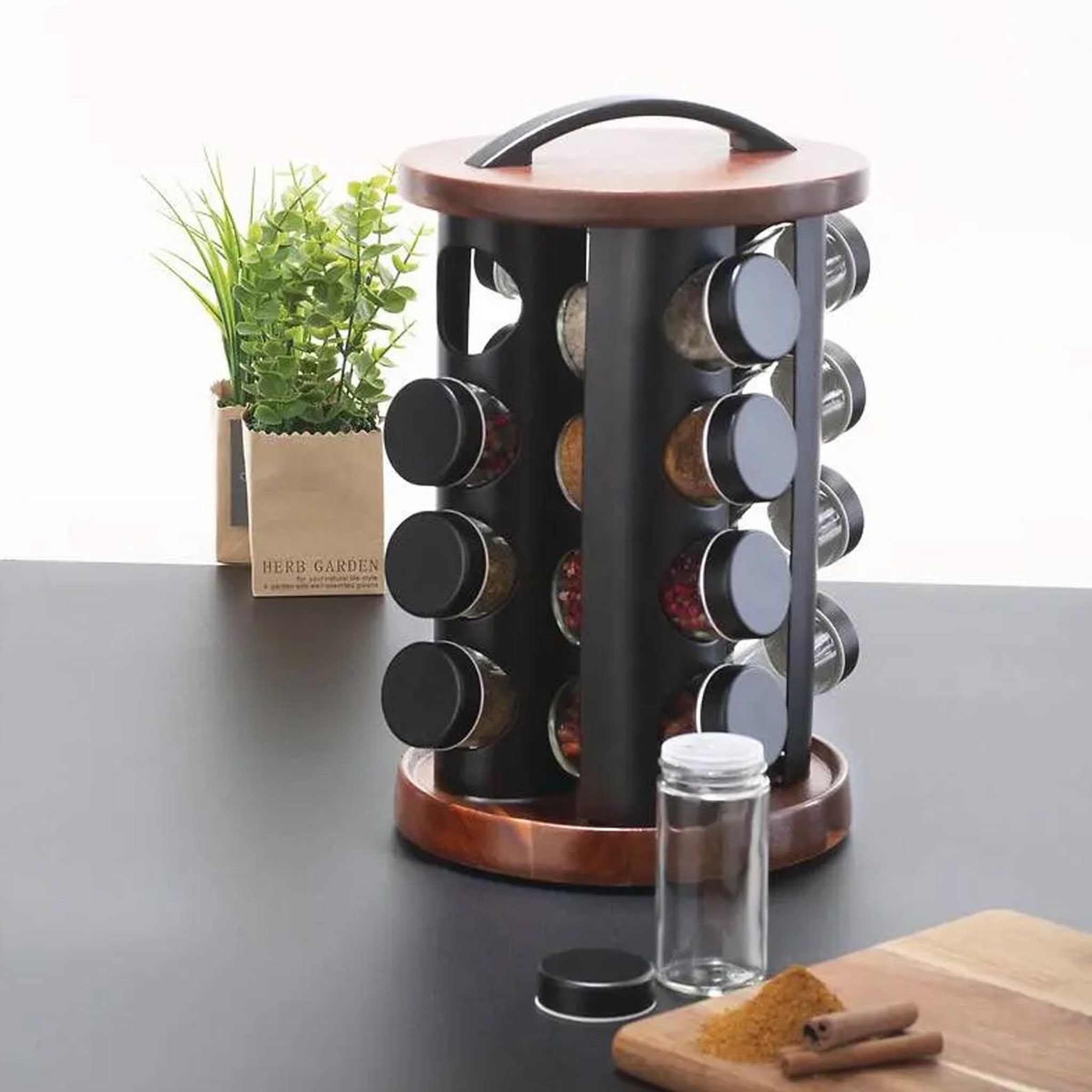 Voir la diapositive 4 : FIVE Présentoir à epices rotatif  acacia  16 pots naturel