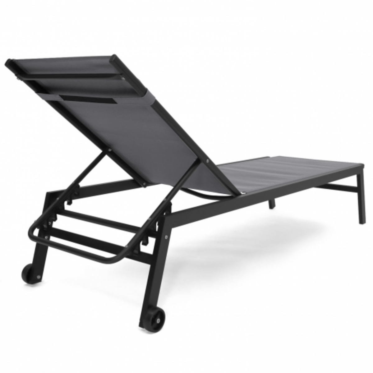 ID MARKET Lot de 2 transats de jardin inclinables en aluminium SINTRA gris anthracite et noir avec roulettes et coussin