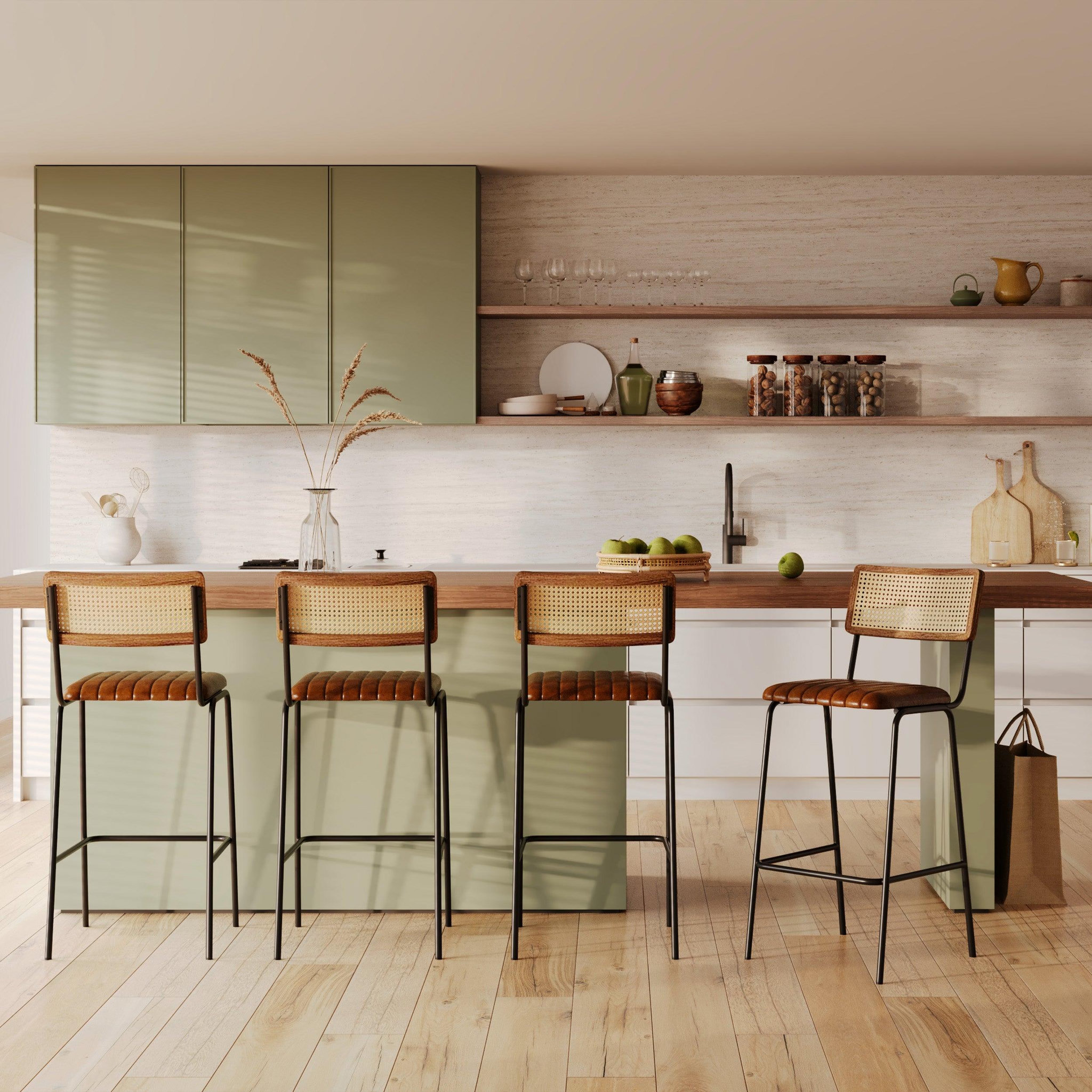 Voir la diapositive 6 : MAISON PAVANE Lot de 2 chaises de bar 76 cm en cannage et cuir marron-Arsène