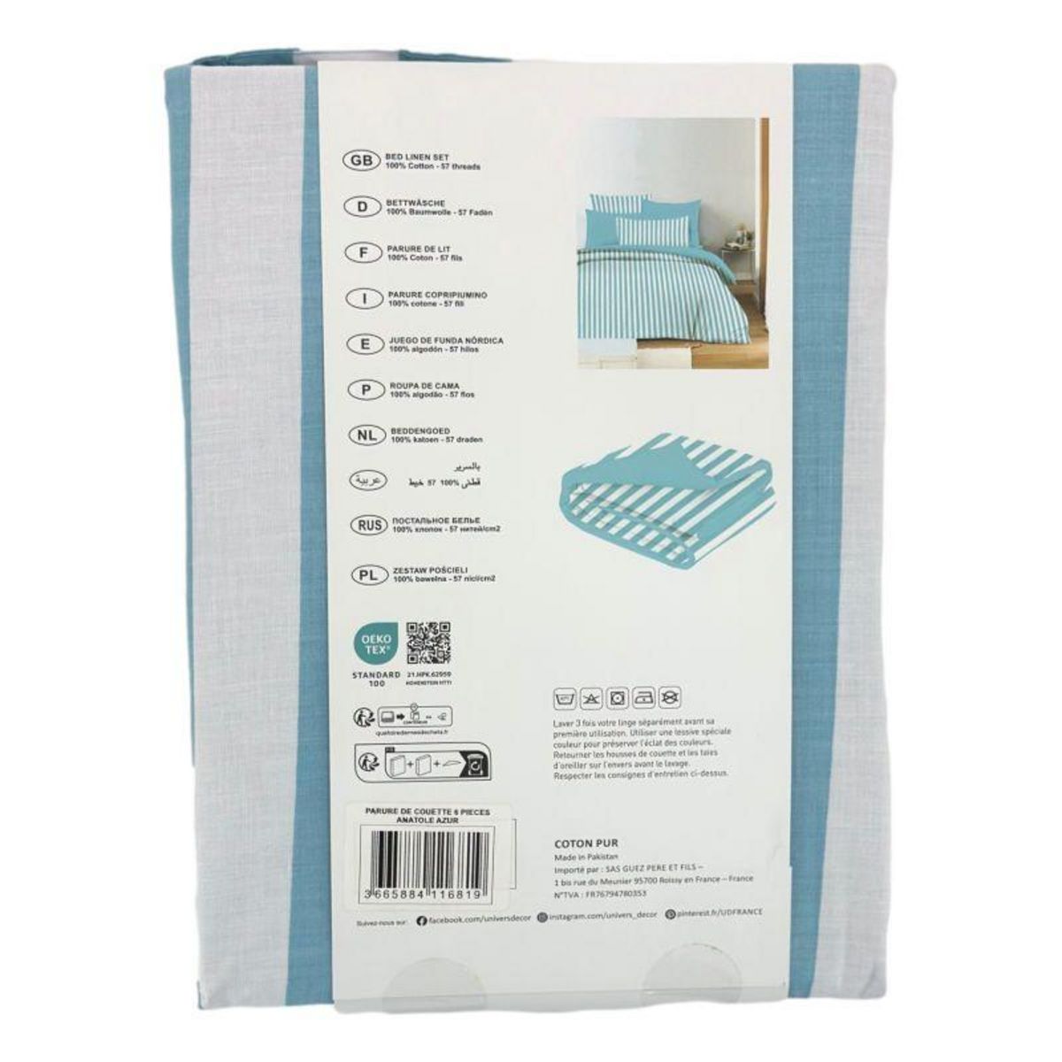 COTON PUR Pack complet housse de couette réversible pour lit 180 x 200 cm  King size  Anatole azur