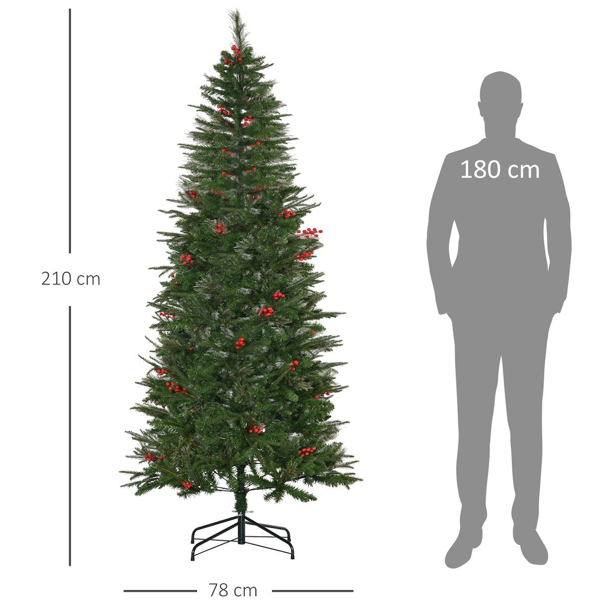 HOMCOM Sapin de Noël artificiel décoré Ø 78 x 210H cm 746 branches épines grand réalisme 45 baies rouges