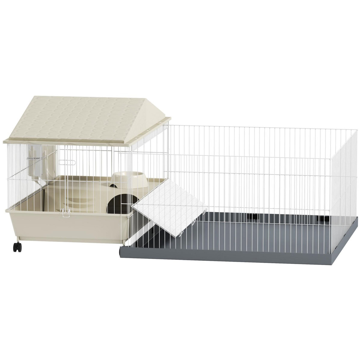 PAWHUT Cage cochon d'inde rongeur parc amovible tapis imperméable balcon bol rampe 4 roulettes acier PP gris beige
