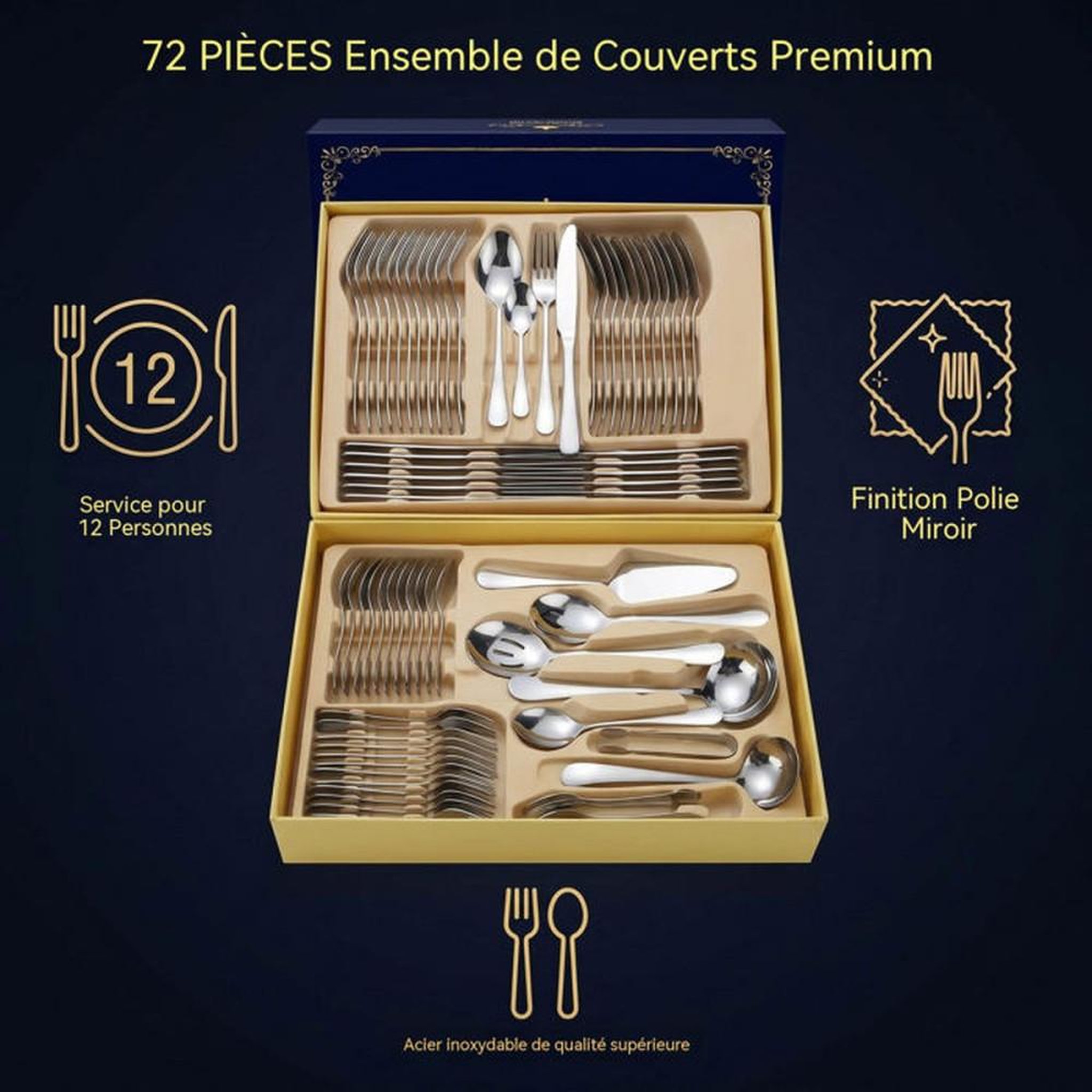Voir la diapositive 2 : Coffret de couverts inox brossé 72 pièces pour 12 personnes