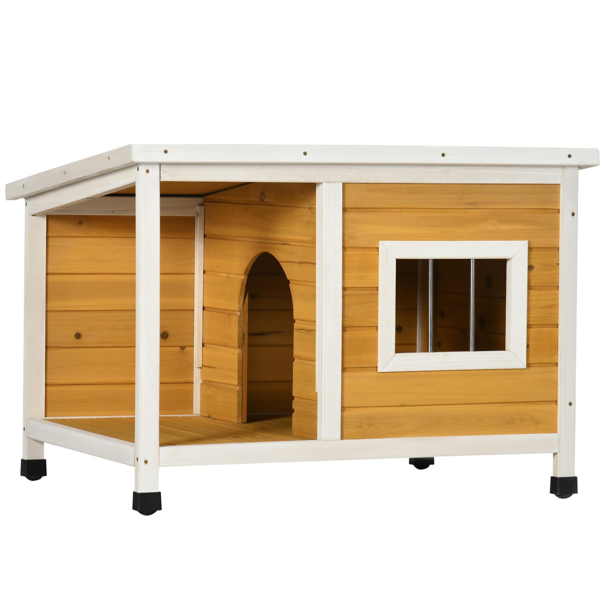 PAWHUT Niche lodge chien avec terrasse couverte sur pied - toit bitumé ouvrant, fenêtre - bois sapin pré-huilé blanc
