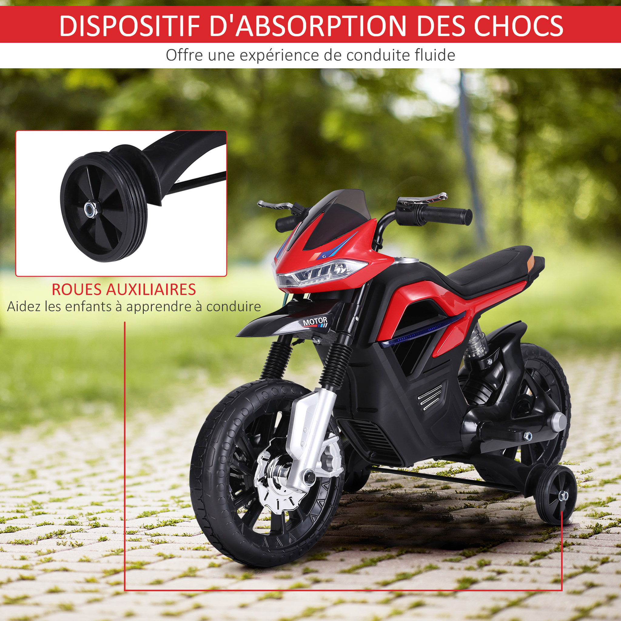 Voir la diapositive 6 : HOMCOM Moto électrique pour enfants 25 W 6 V 3 Km/h effets lumineux et sonores roulettes amovibles rouge