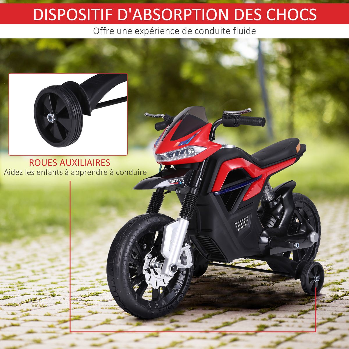 HOMCOM Moto électrique pour enfants 25 W 6 V 3 Km/h effets lumineux et sonores roulettes amovibles rouge