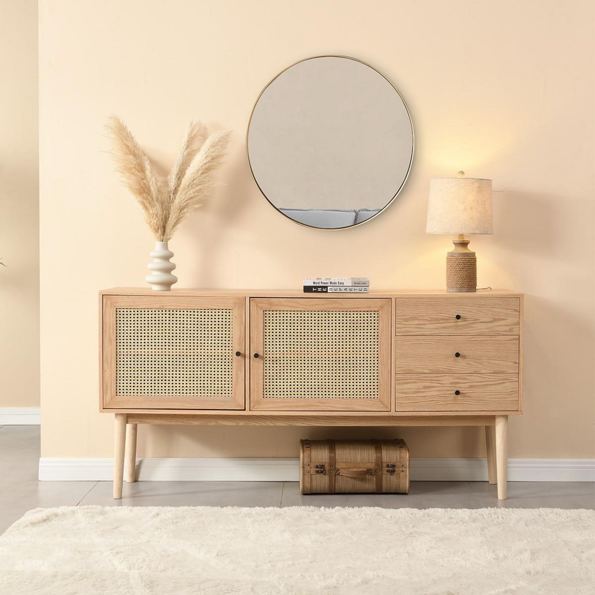 HOMIFAB Buffet 2 portes 3 tiroirs en bois et cannage naturel 170 cm - Eden