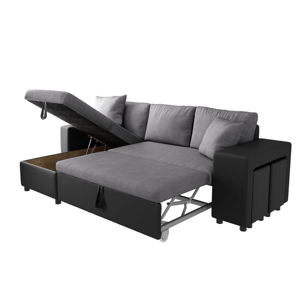 Canapé d'angle réversible convertible avec coffre + 2 poufs avec niche fixe à droite ANETTA