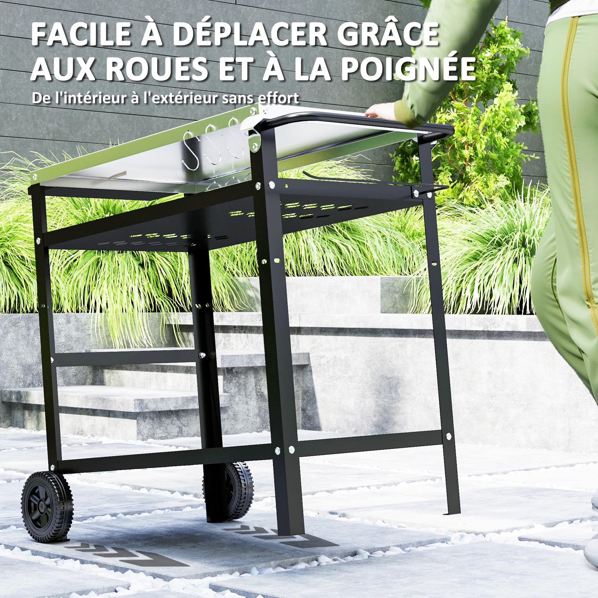 Voir la diapositive 6 : OUTSUNNY Desserte extérieure - desserte de jardin - 2 étagères, tablette condiments plateau acier inox. housse