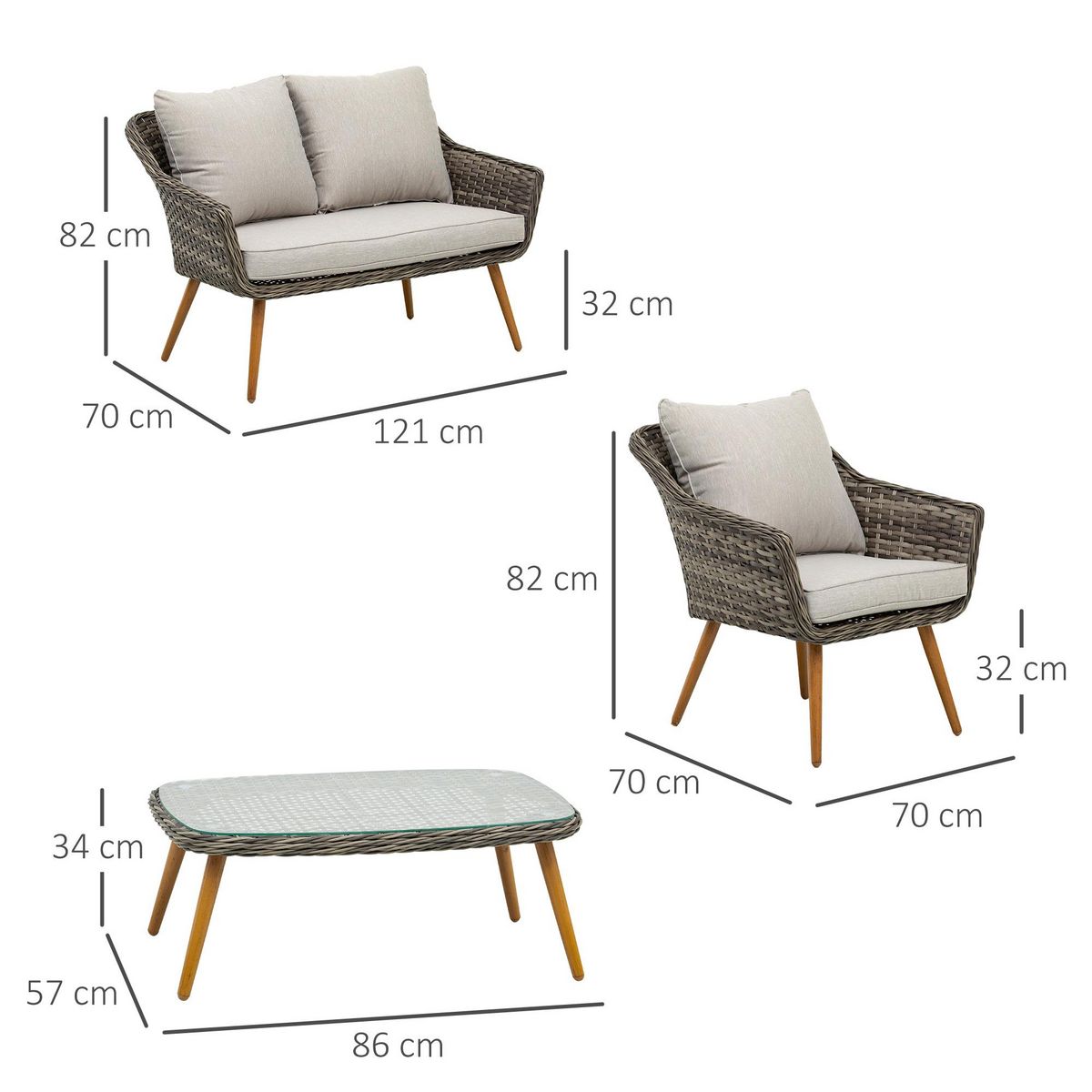 OUTSUNNY Salon de jardin 4 places 4 pièces design scandinave métal époxy résine tressée imitation rotin coussins inclus gris