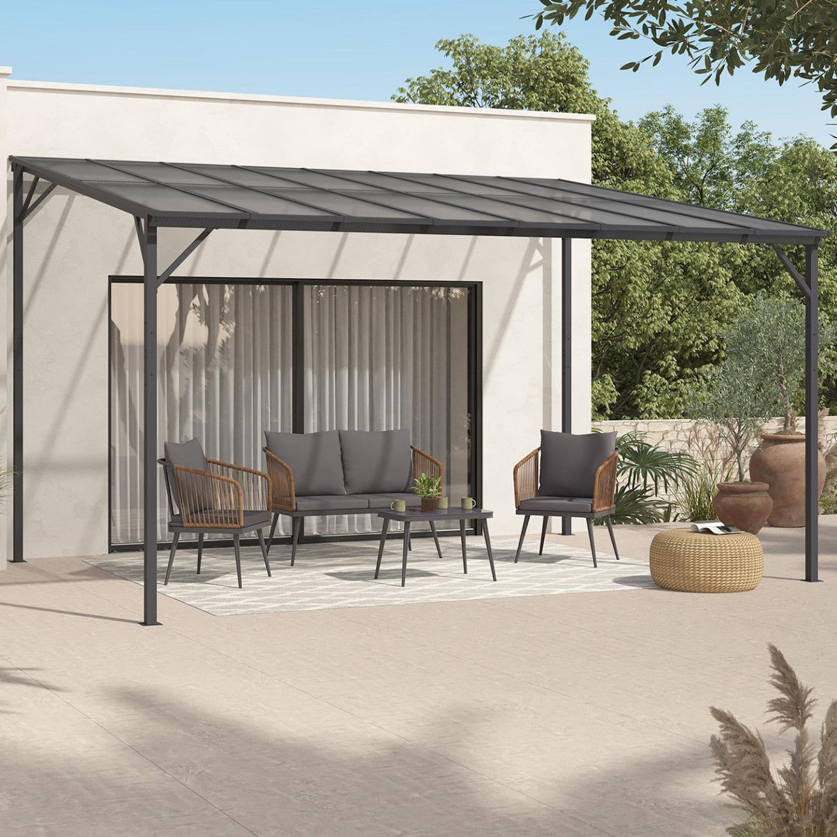 ID MARKET Pergola toit rigide en polycarbonate 3x4 M gris anthracite