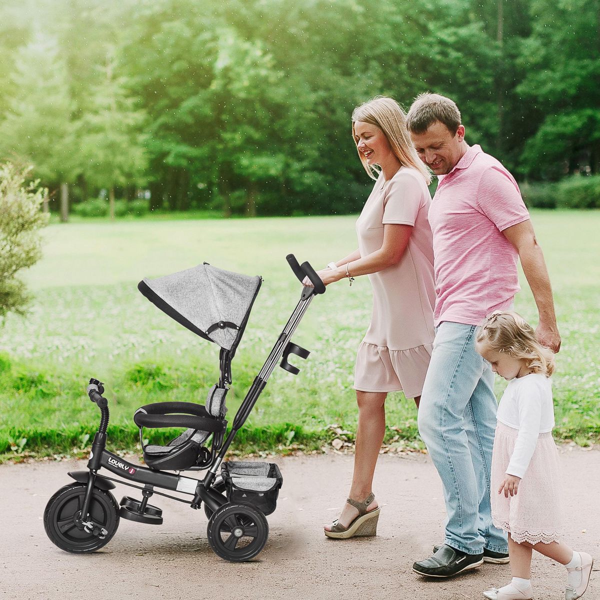 HOMCOM Tricycle enfant évolutif pare-soleil pliable canne  télescopique amovible 92 x 51 x 110 cm acier gris noir