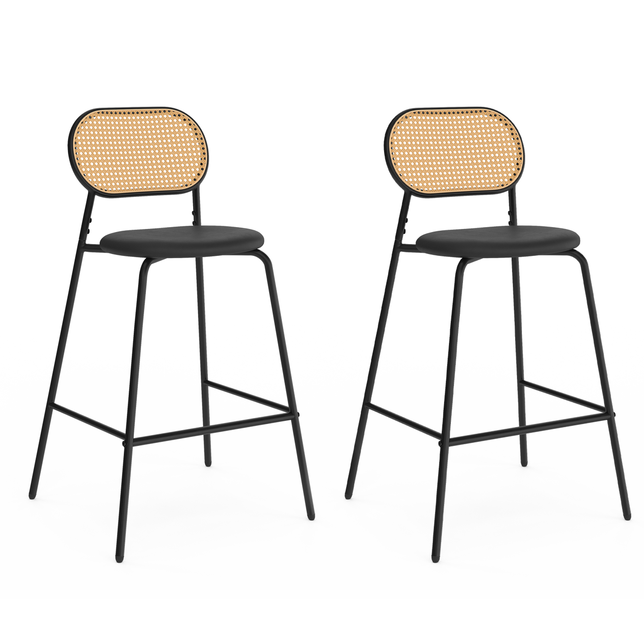 ID MARKET Lot de 2 tabourets de bar vintage CLOTILDE en métal noir et dossier cannage