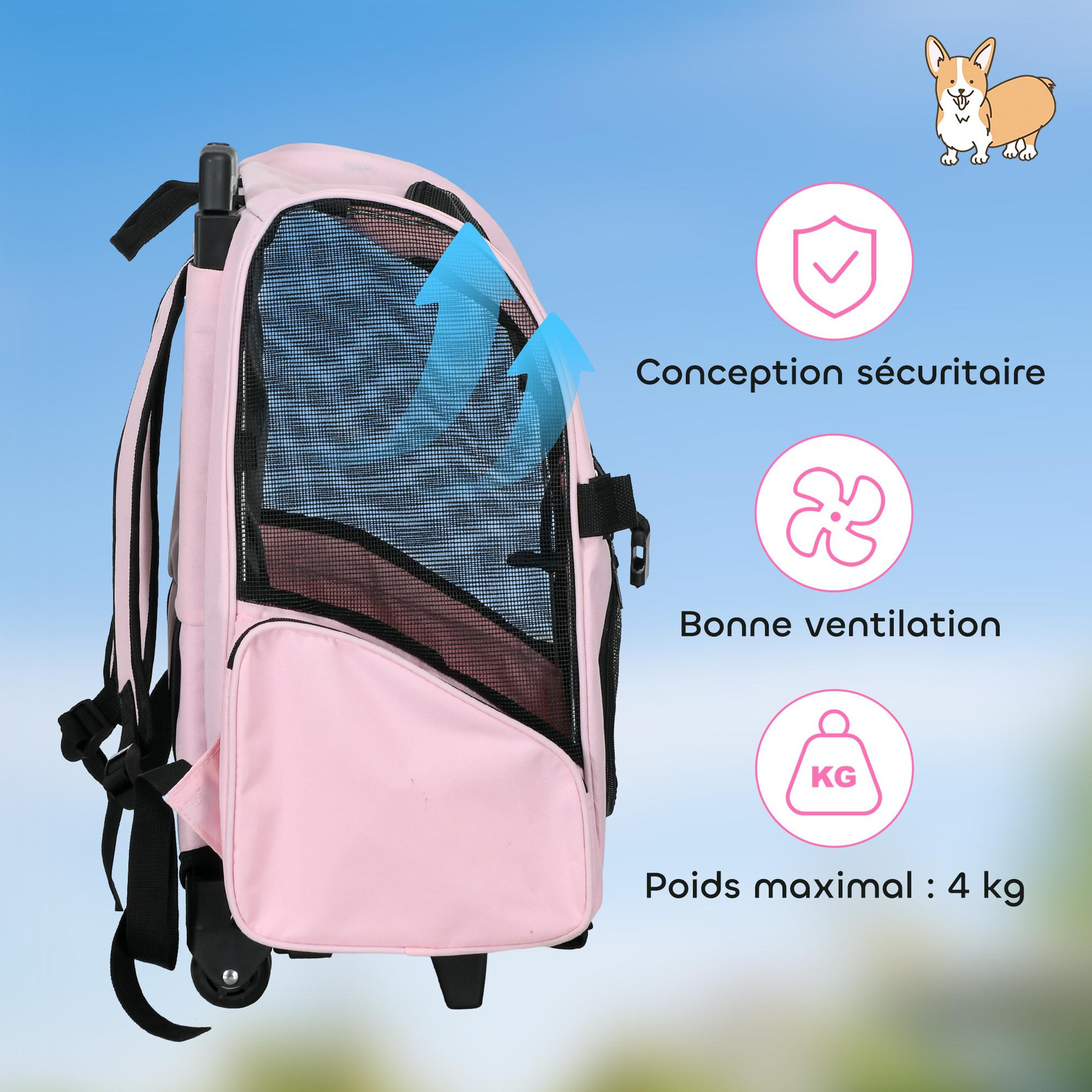 Voir la diapositive 6 : PAWHUT 2 en 1 trolley chariot sac a dos sac de transport a roulettes pour chien chat rose