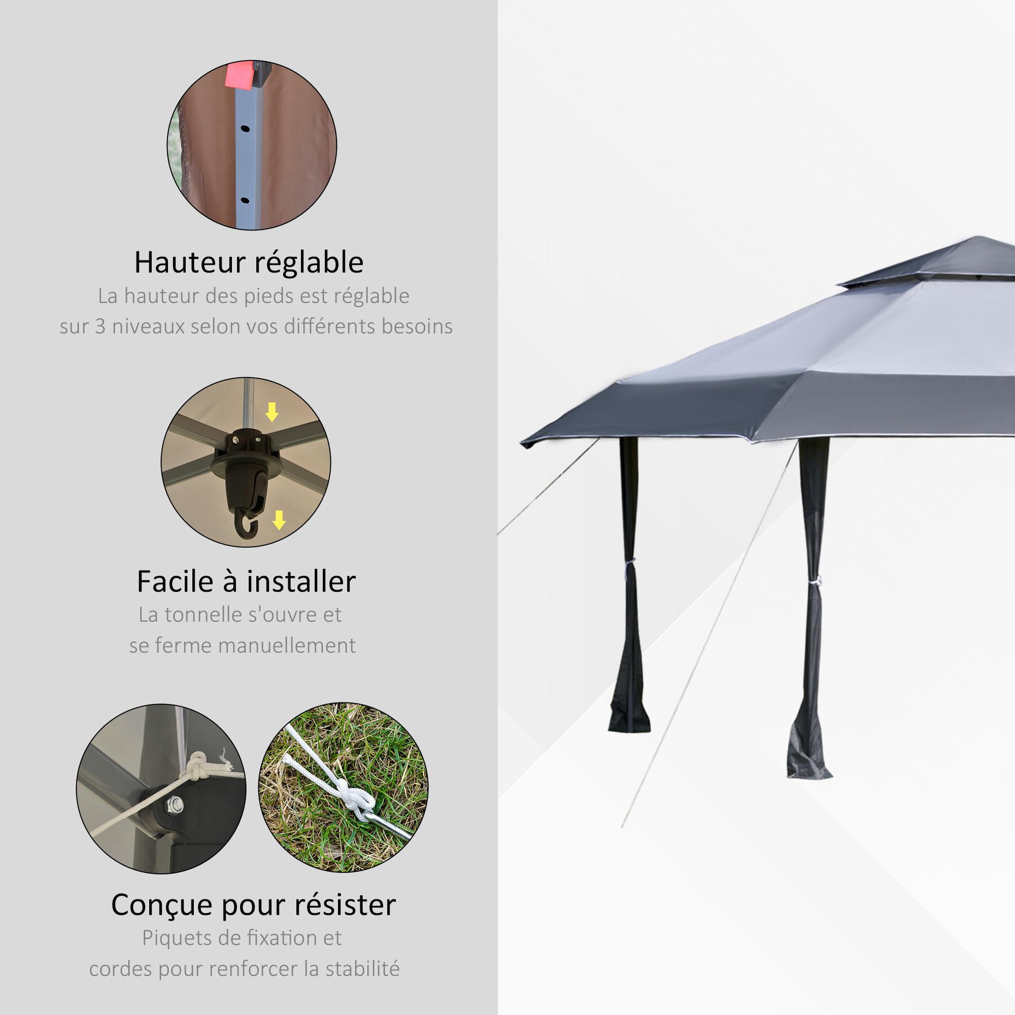 Voir la diapositive 4 : OUTSUNNY Tonnelle barnum de jardin pop-up pliant 3,96L x 3,96l x 2,68H m acier polyester sac transport à roulettes gris