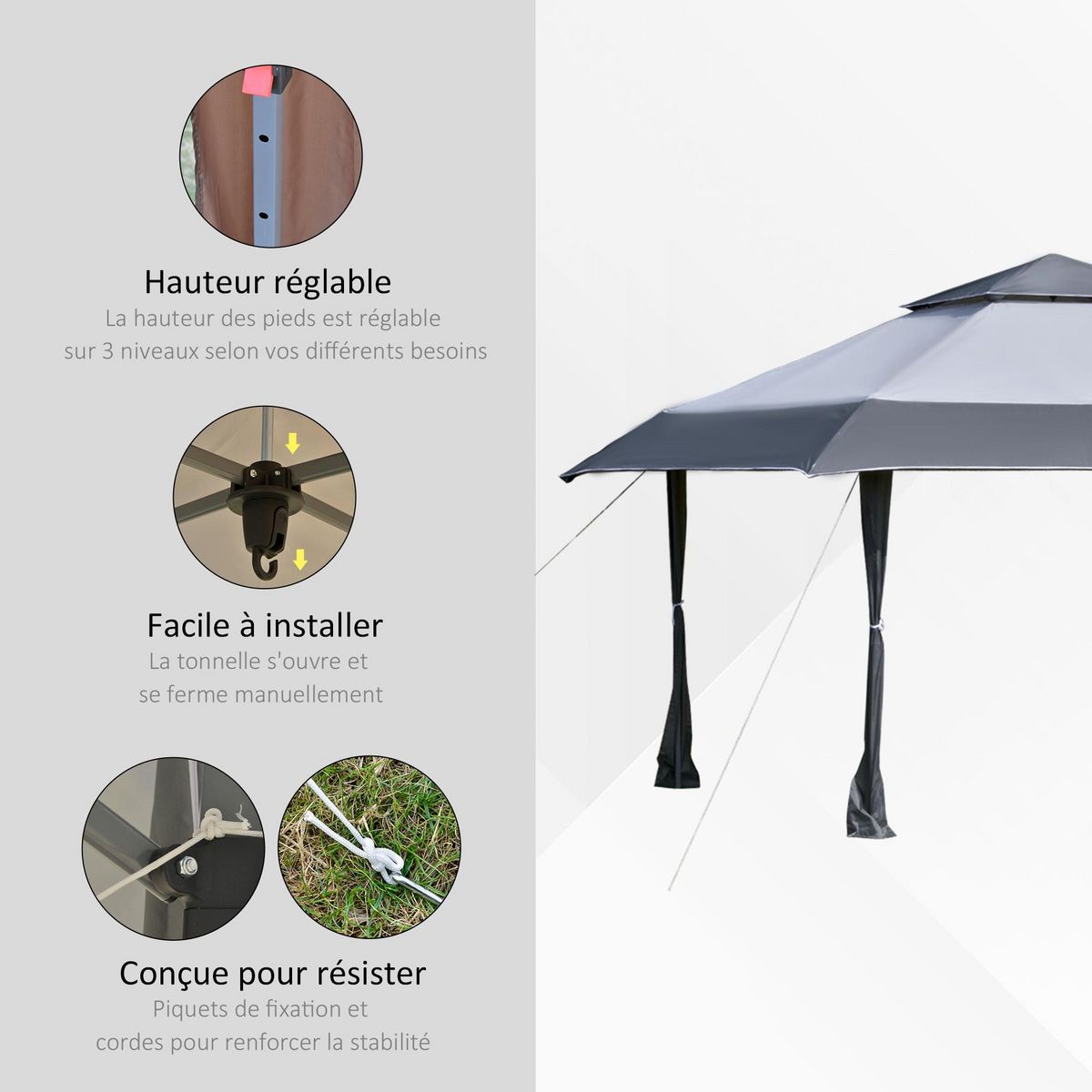 OUTSUNNY Tonnelle barnum de jardin pop-up pliant 3,96L x 3,96l x 2,68H m acier polyester sac transport à roulettes gris