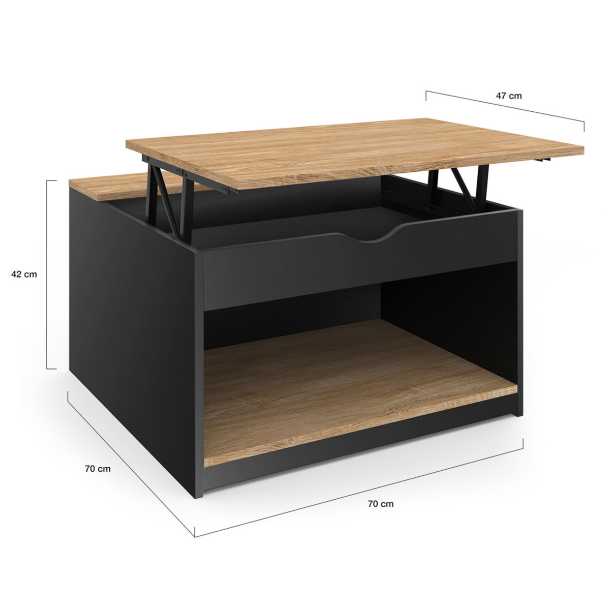 ID MARKET Table basse plateau relevable carrée ELEA avec coffre bois noir et façon hêtre